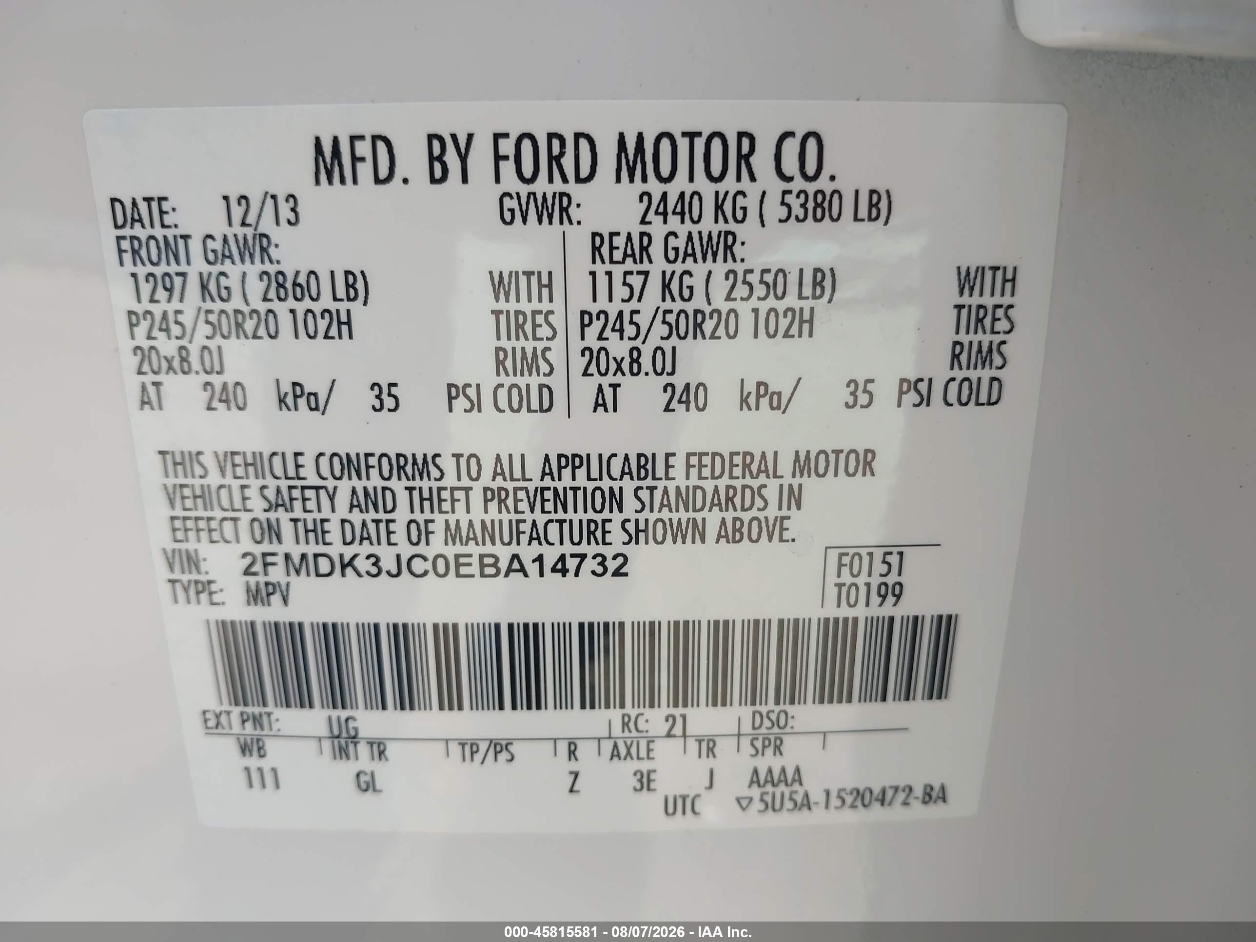 2014 Ford Edge Sel White vin: 2FMDK3JC0EBA14732
