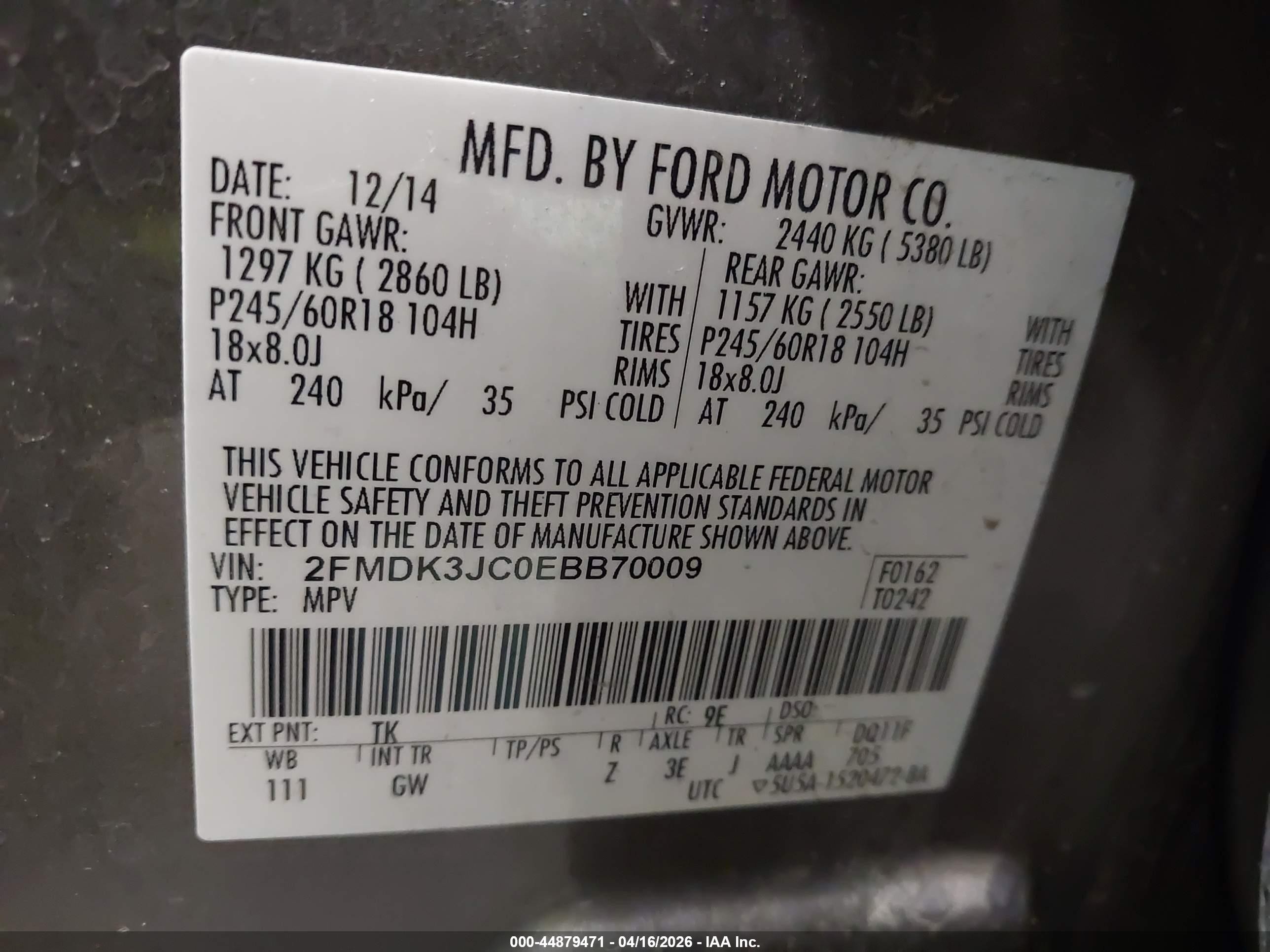 2014 Ford Edge Sel Beige vin: 2FMDK3JC0EBB70009