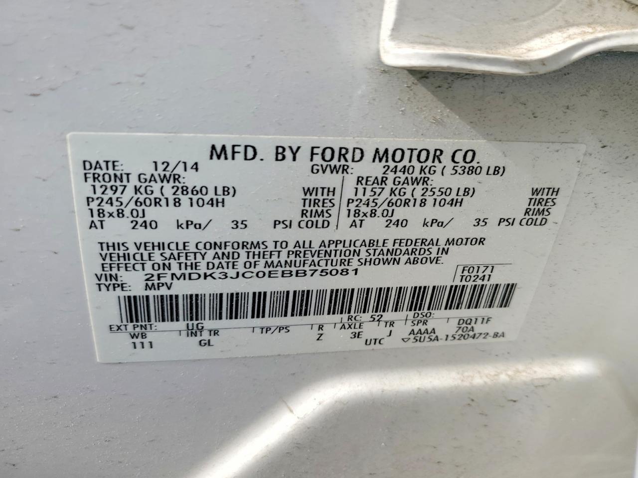 2014 Ford Edge Sel White vin: 2FMDK3JC0EBB75081