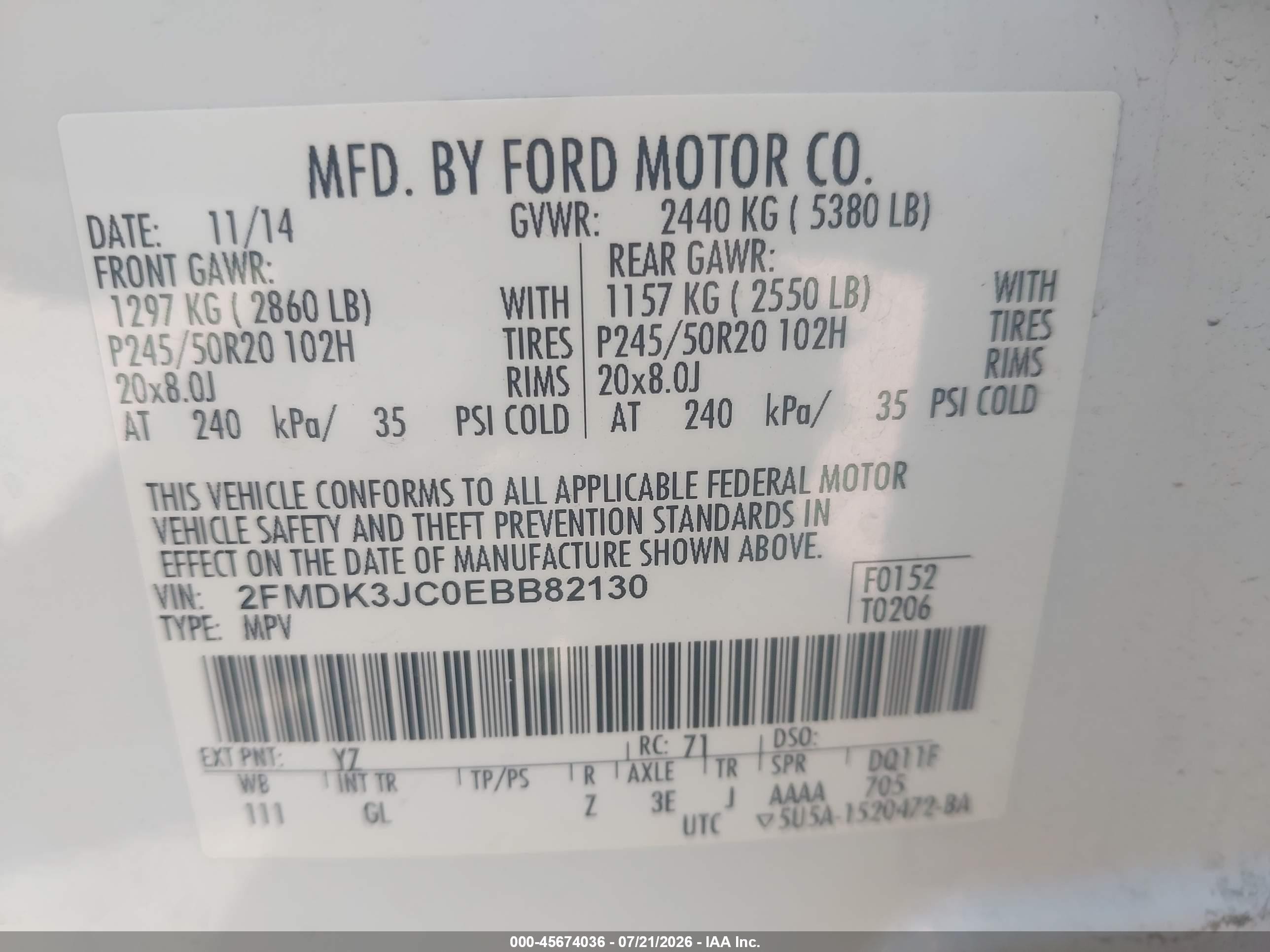 2014 Ford Edge Sel White vin: 2FMDK3JC0EBB82130