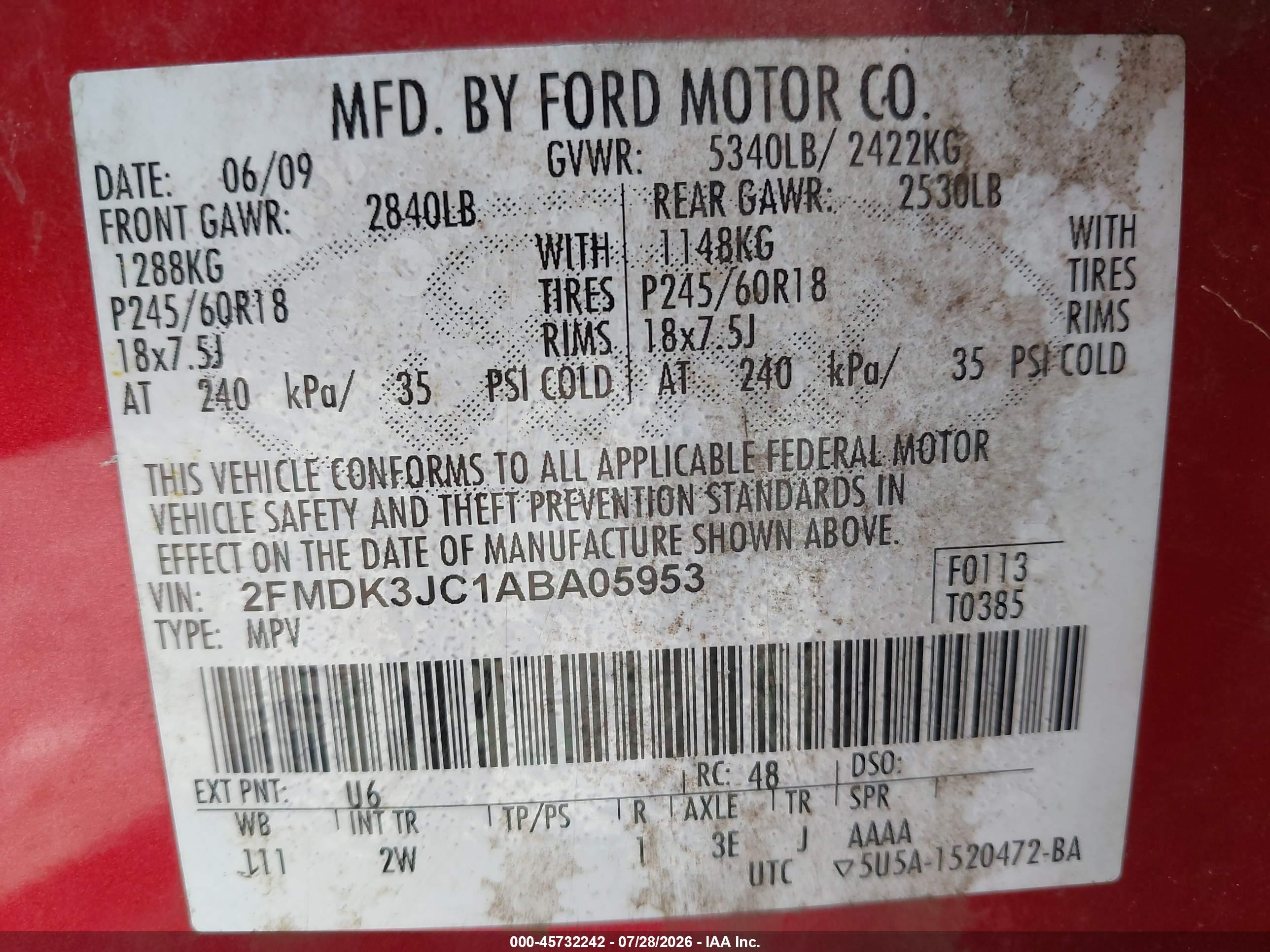 2010 Ford Edge Sel Red vin: 2FMDK3JC1ABA05953