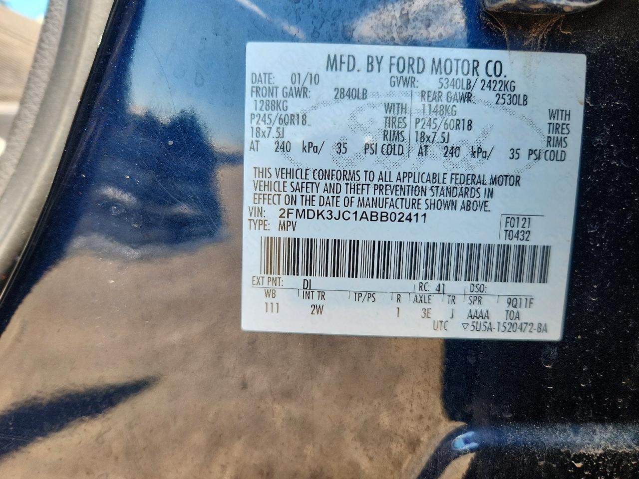 2010 Ford Edge Sel Blue vin: 2FMDK3JC1ABB02411