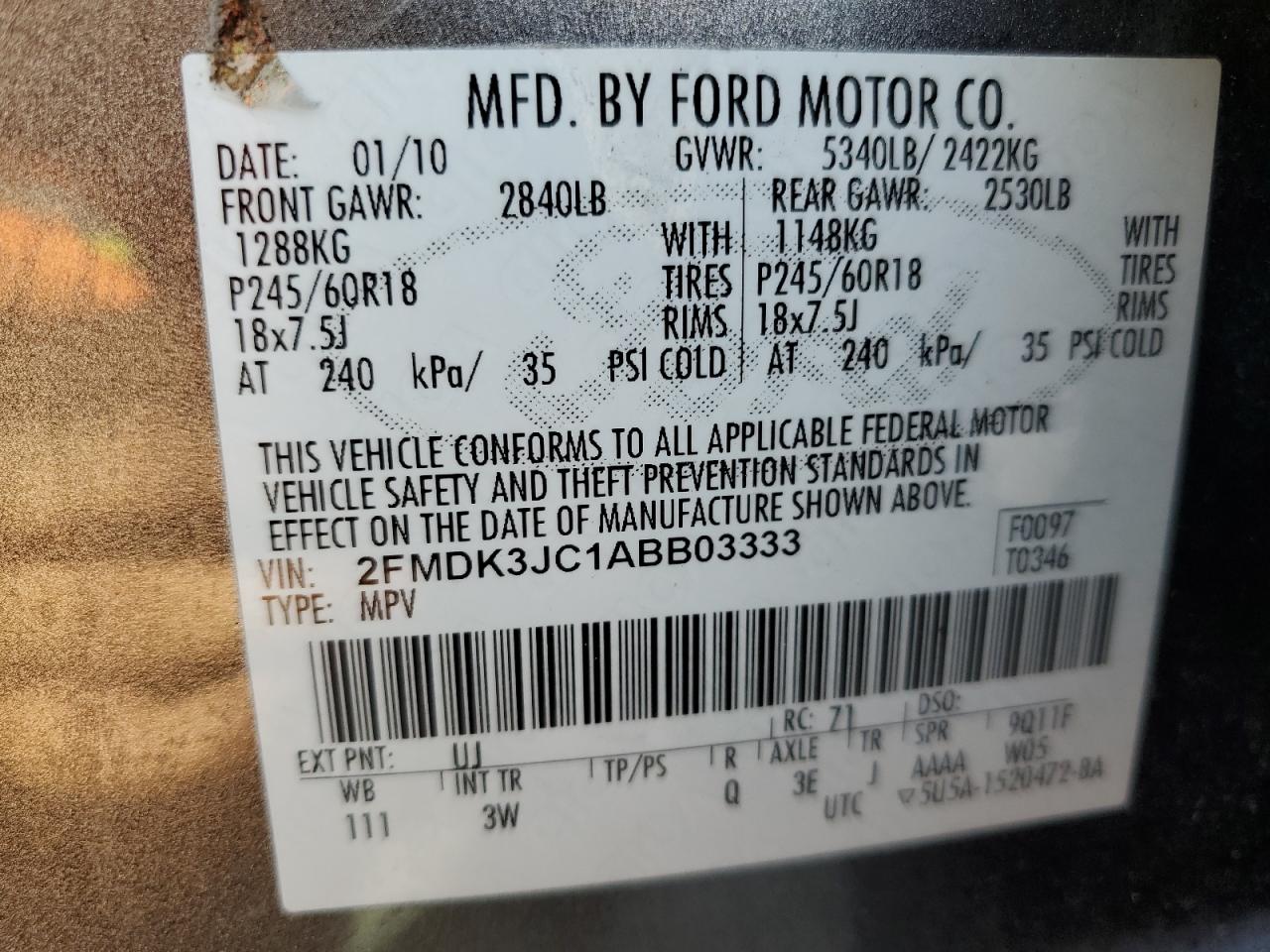 2010 Ford Edge Sel Silver vin: 2FMDK3JC1ABB03333