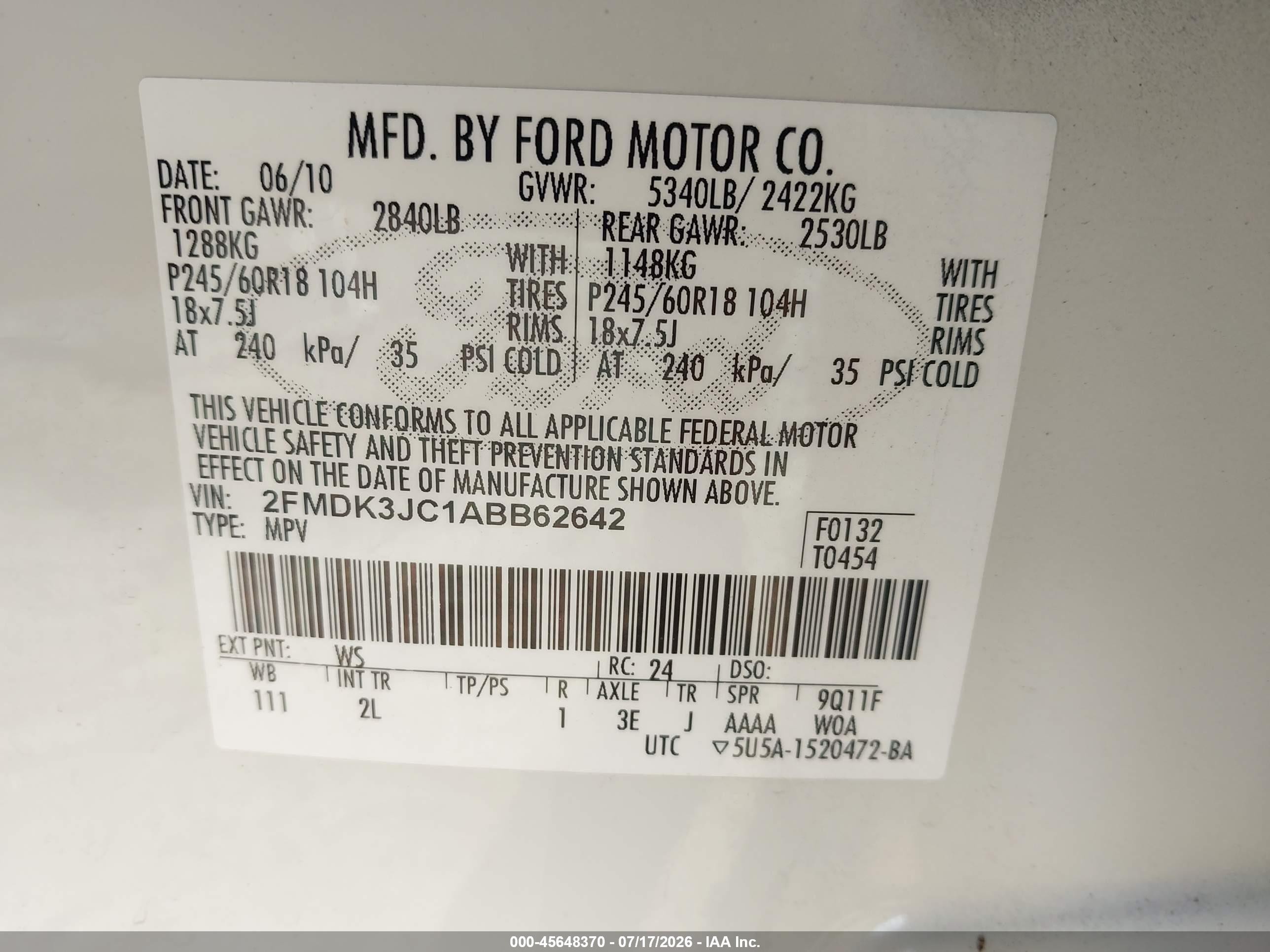 2010 Ford Edge Sel White vin: 2FMDK3JC1ABB62642