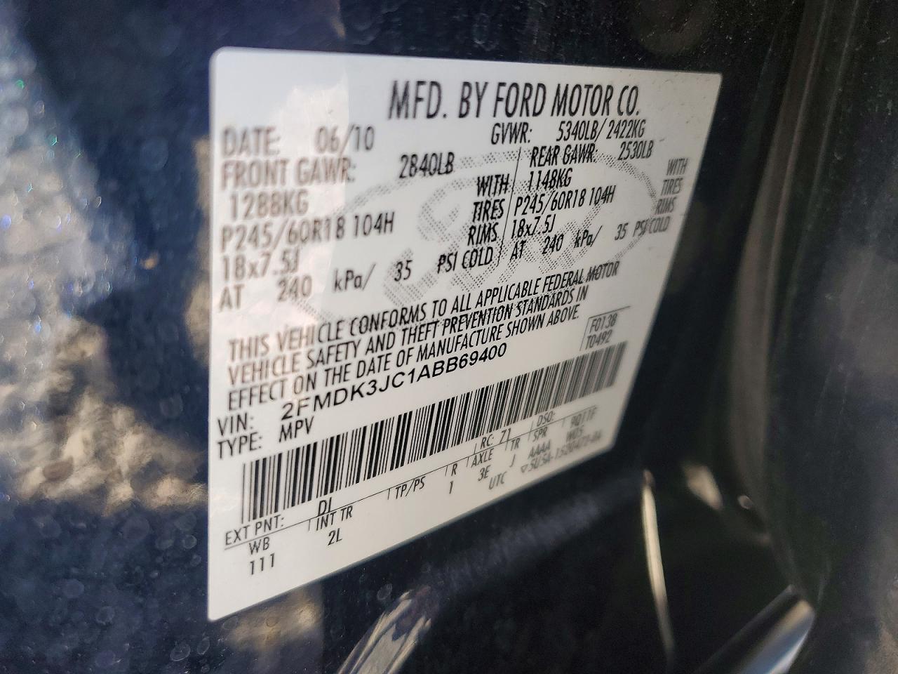 2010 Ford Edge Sel Blue vin: 2FMDK3JC1ABB69400