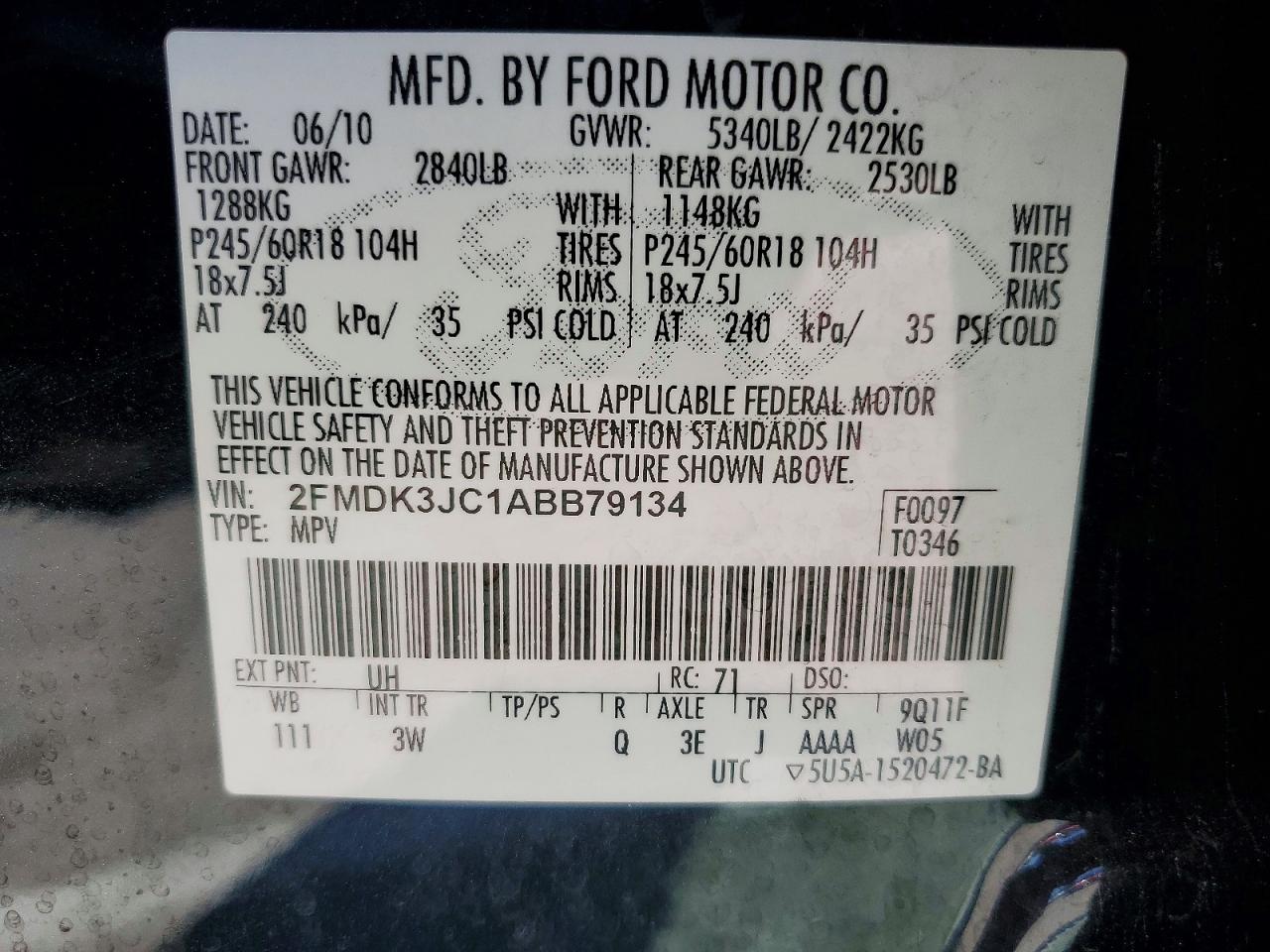 2010 Ford Edge Sel Black vin: 2FMDK3JC1ABB79134