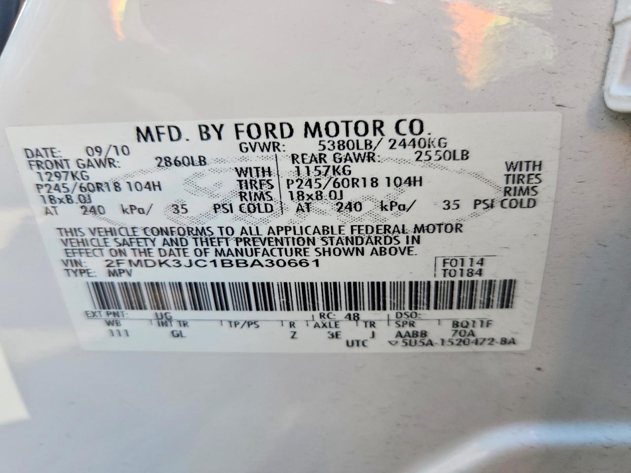 2011 Ford Edge Sel White vin: 2FMDK3JC1BBA30661