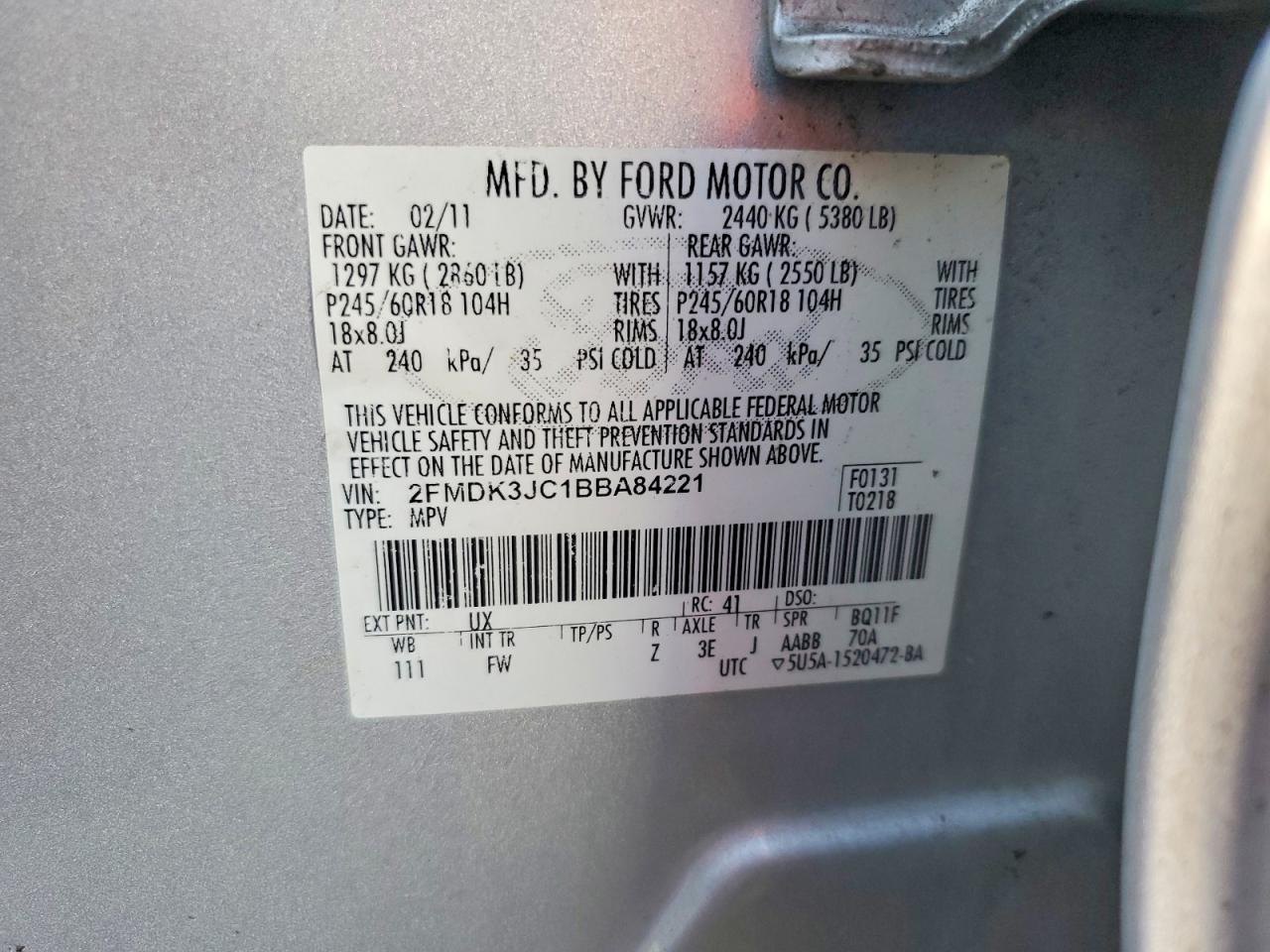 2011 Ford Edge Sel Silver vin: 2FMDK3JC1BBA84221