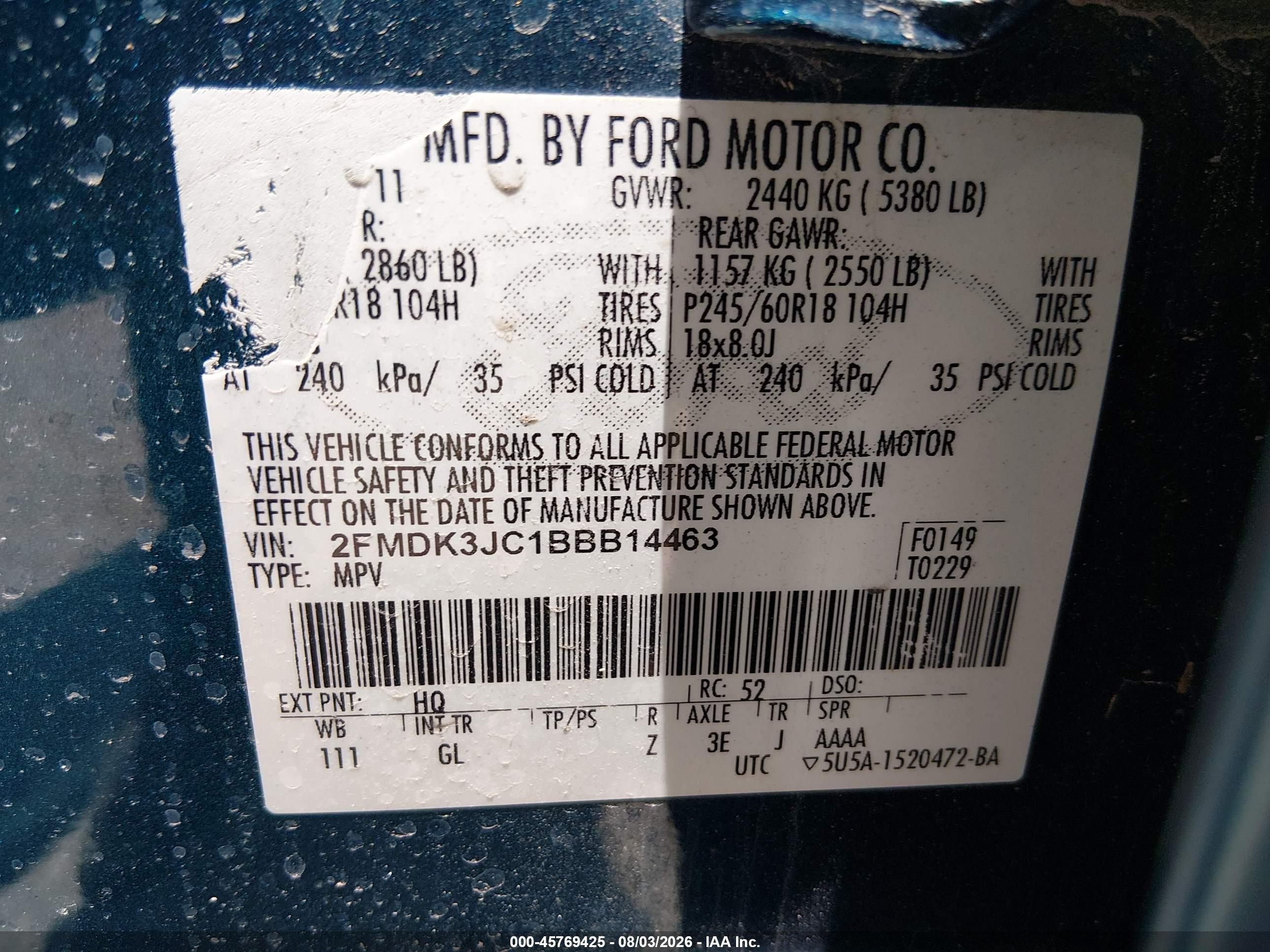 2011 Ford Edge Sel Turquoise vin: 2FMDK3JC1BBB14463