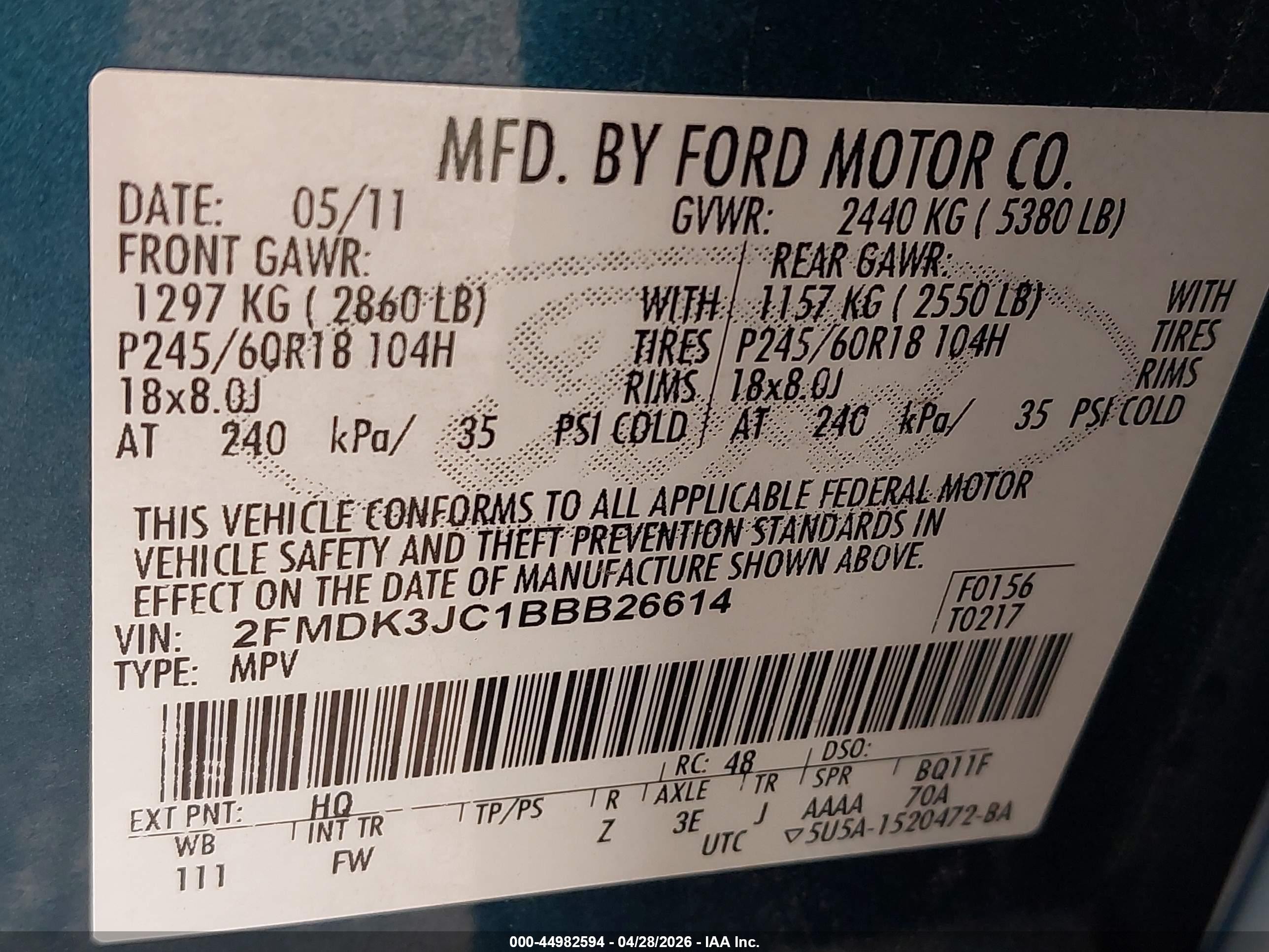 2011 Ford Edge Sel Blue vin: 2FMDK3JC1BBB26614