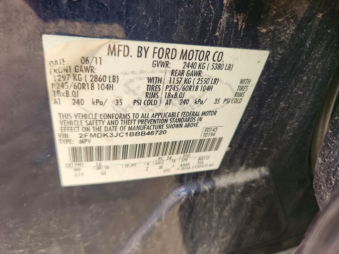 2011 Ford Edge Sel Blue vin: 2FMDK3JC1BBB46720