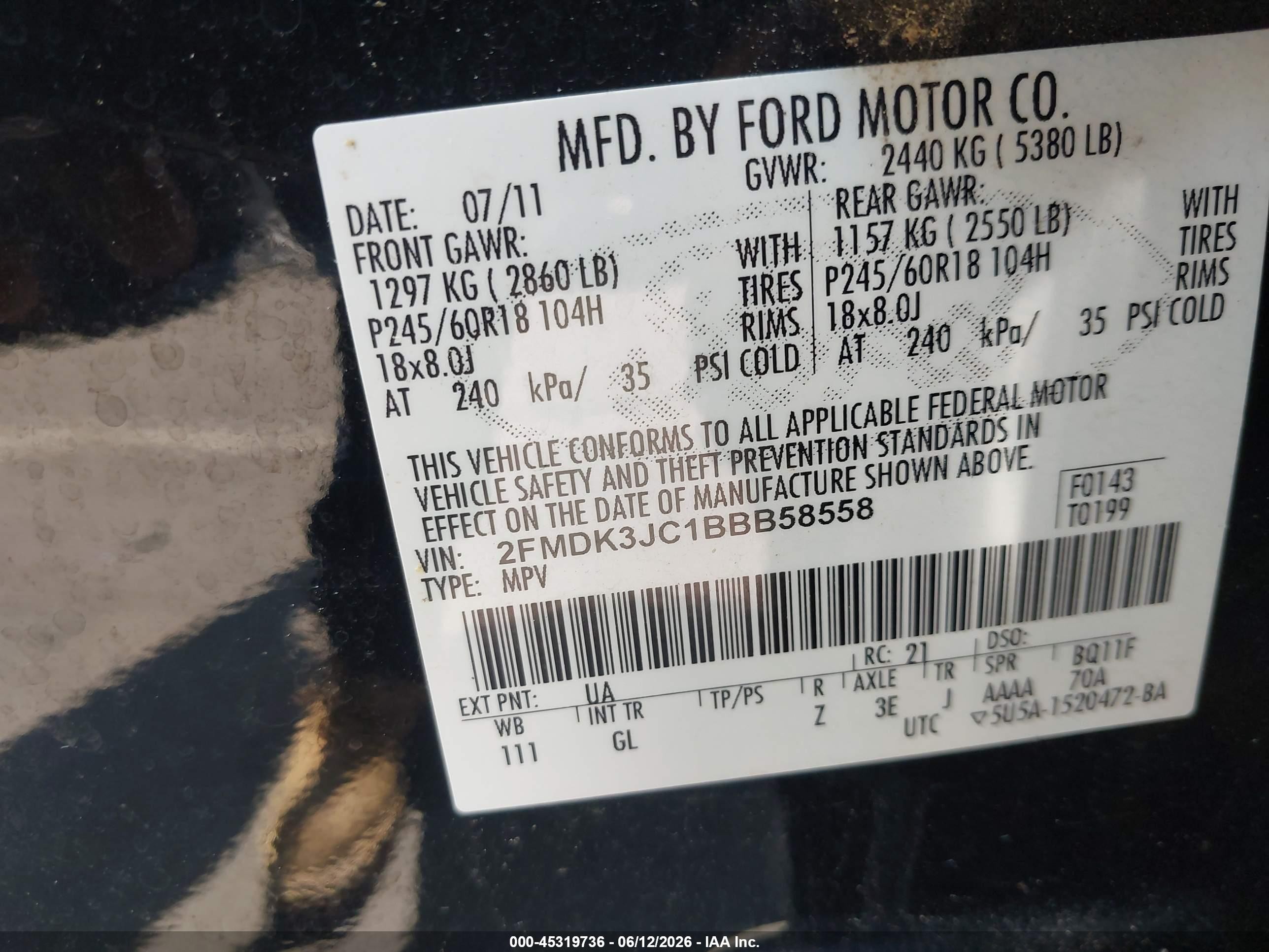 2011 Ford Edge Sel Black vin: 2FMDK3JC1BBB58558