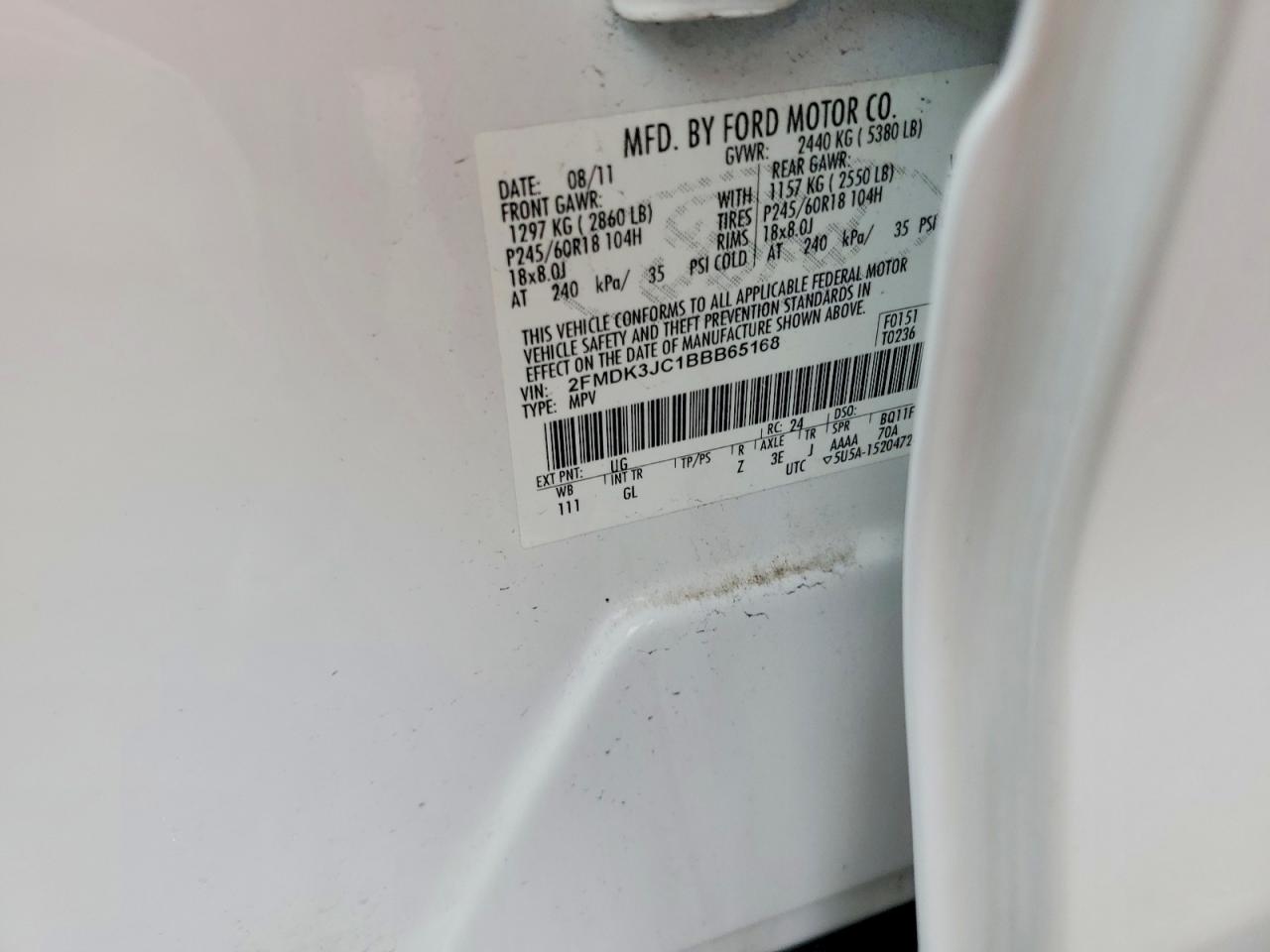 2011 Ford Edge Sel White vin: 2FMDK3JC1BBB65168