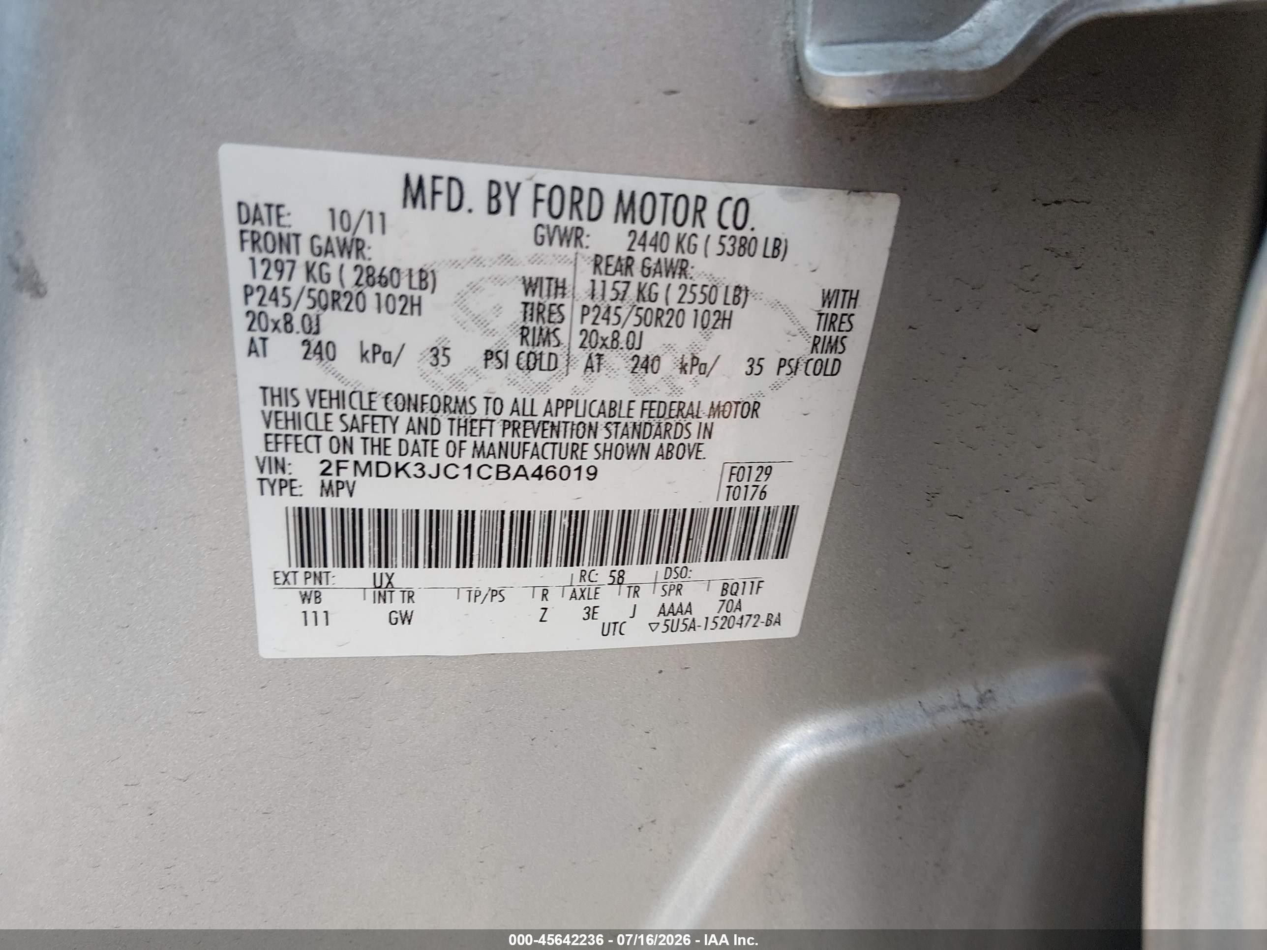 2012 Ford Edge Sel Silver vin: 2FMDK3JC1CBA46019