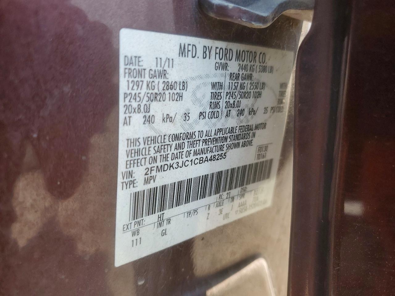2012 Ford Edge Sel Burgundy vin: 2FMDK3JC1CBA48255