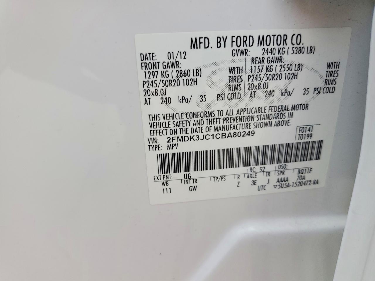 2012 Ford Edge Sel Белый vin: 2FMDK3JC1CBA80249