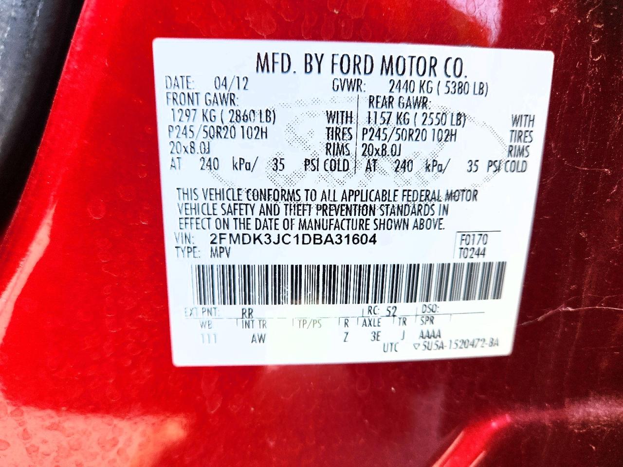 2013 Ford Edge Sel Red vin: 2FMDK3JC1DBA31604