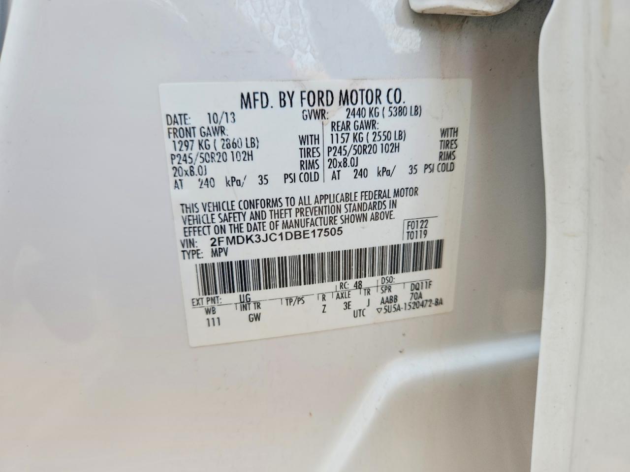 2013 Ford Edge Sel White vin: 2FMDK3JC1DBE17505
