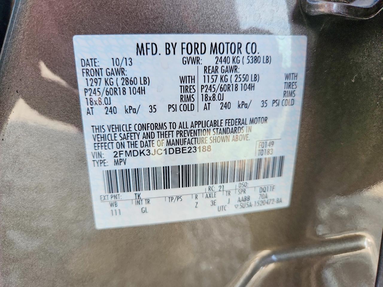 2013 Ford Edge Sel Beige vin: 2FMDK3JC1DBE23188