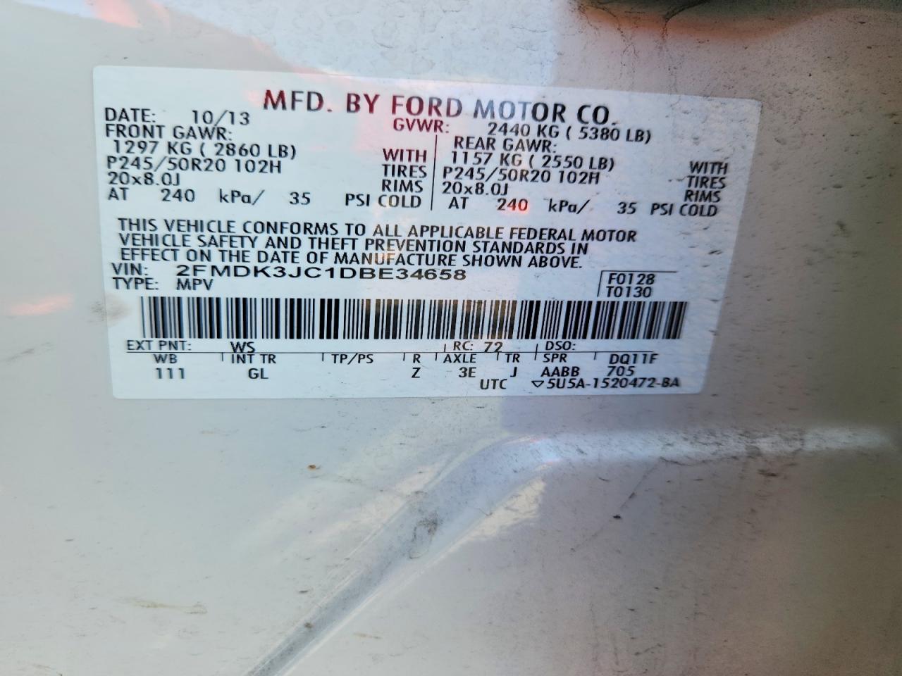 2013 Ford Edge Sel White vin: 2FMDK3JC1DBE34658