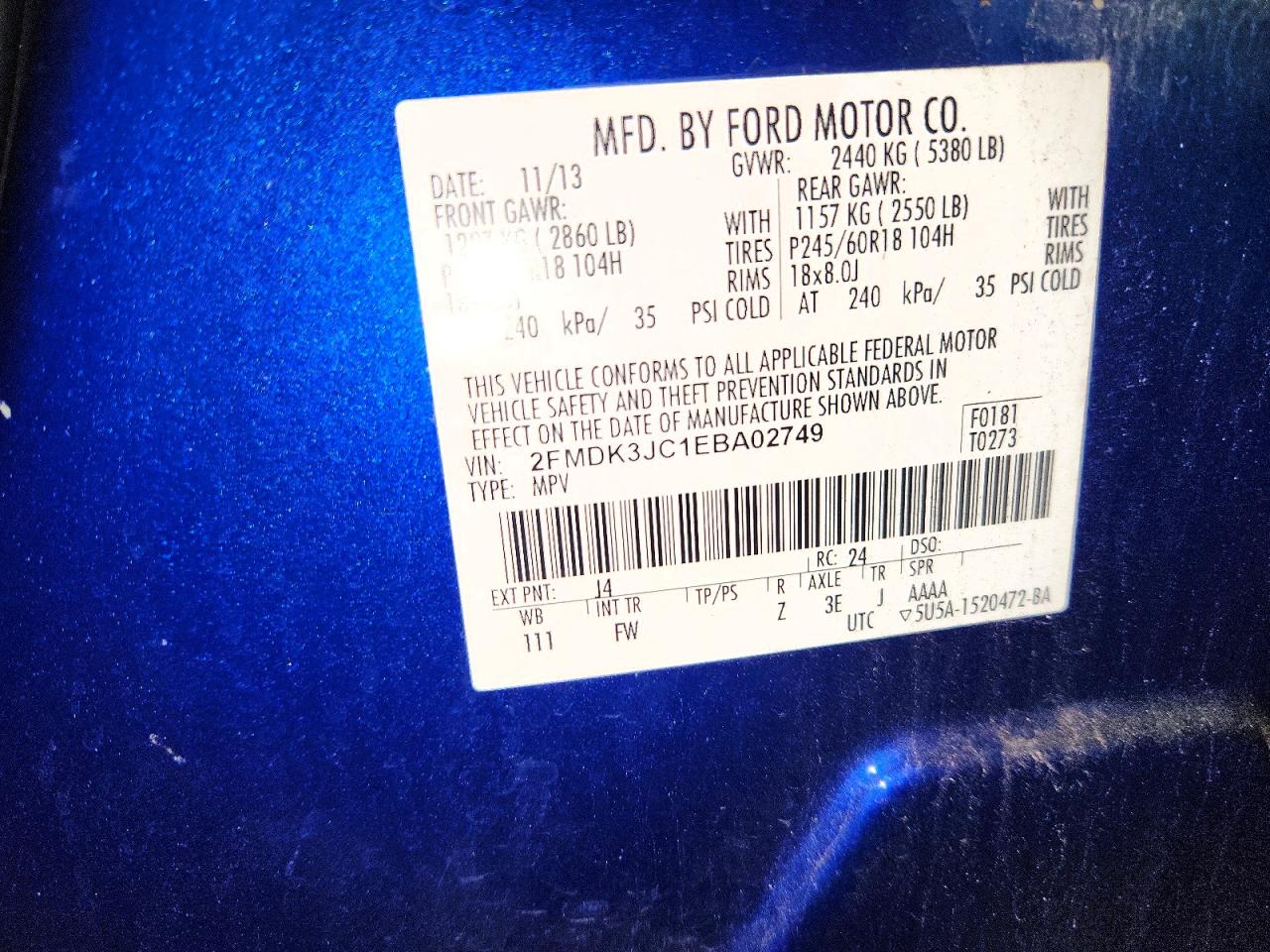 2014 Ford Edge Sel Blue vin: 2FMDK3JC1EBA02749