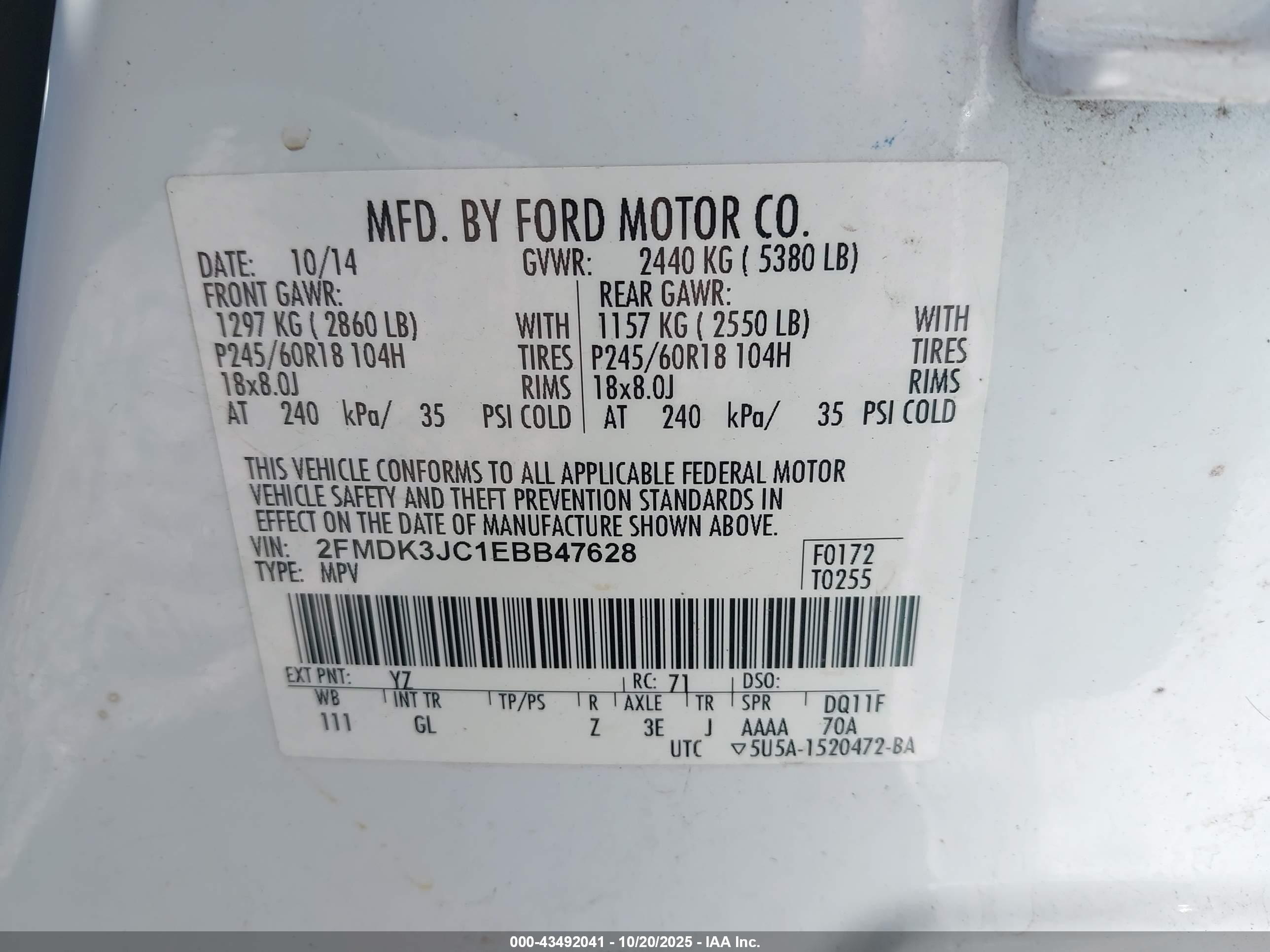 2014 Ford Edge Sel White vin: 2FMDK3JC1EBB47628