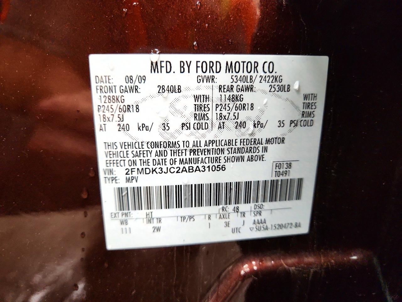 2010 Ford Edge Sel Maroon vin: 2FMDK3JC2ABA31056