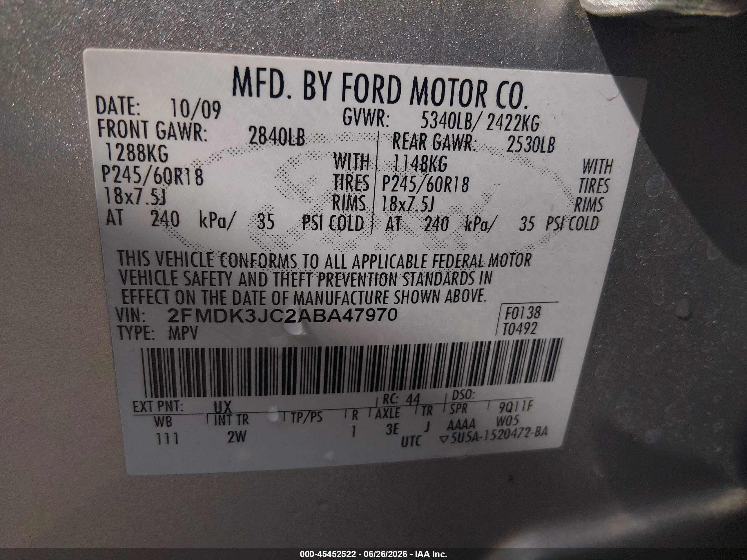 2010 Ford Edge Sel White vin: 2FMDK3JC2ABA47970