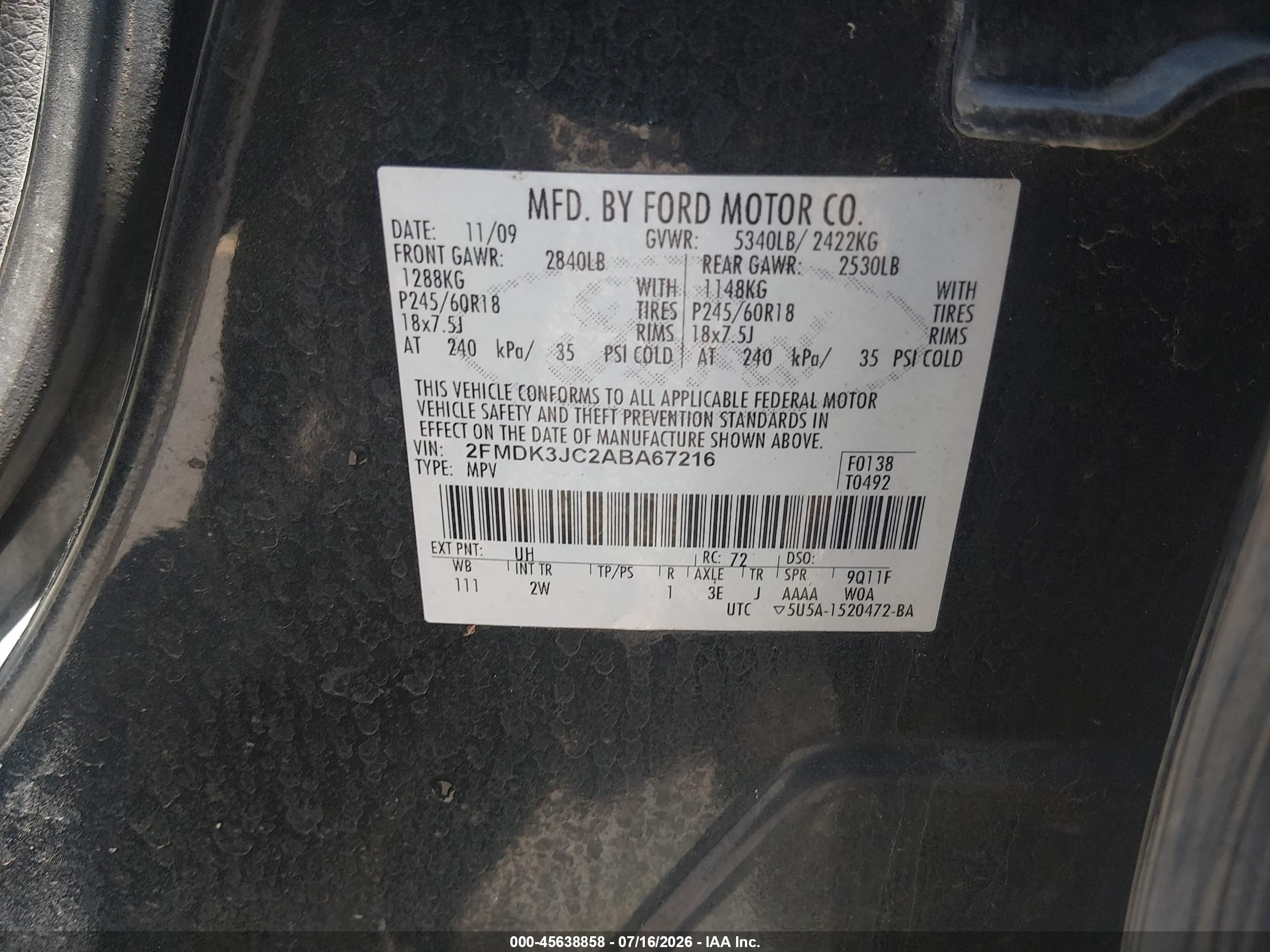 2010 Ford Edge Sel Black vin: 2FMDK3JC2ABA67216