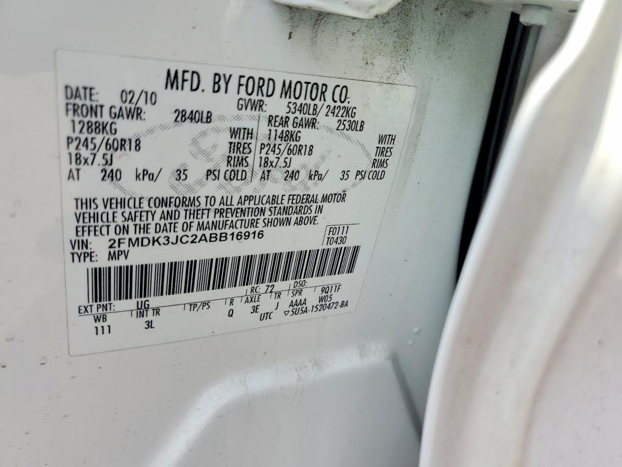 2010 Ford Edge Sel White vin: 2FMDK3JC2ABB16916