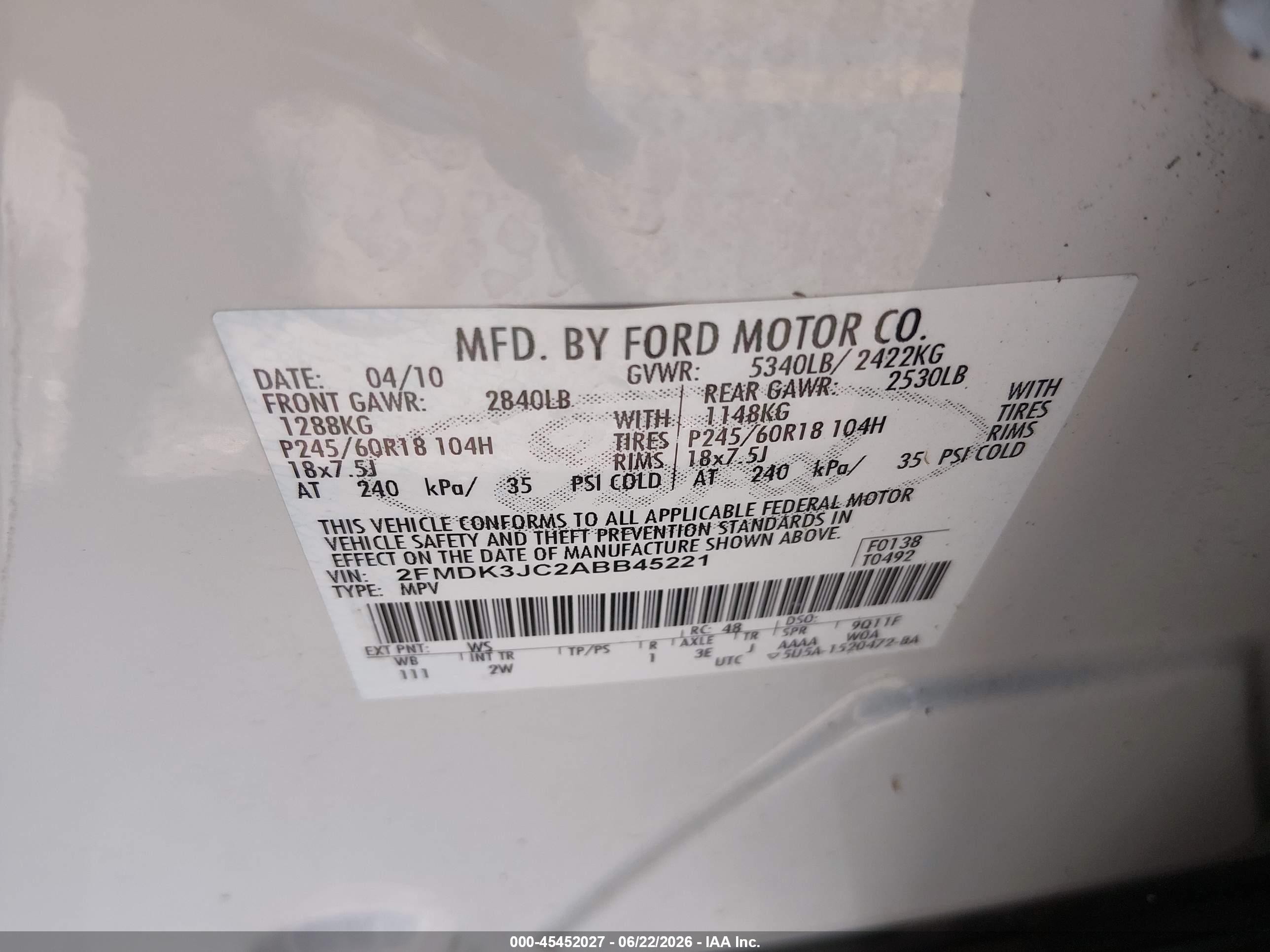 2010 Ford Edge Sel White vin: 2FMDK3JC2ABB45221