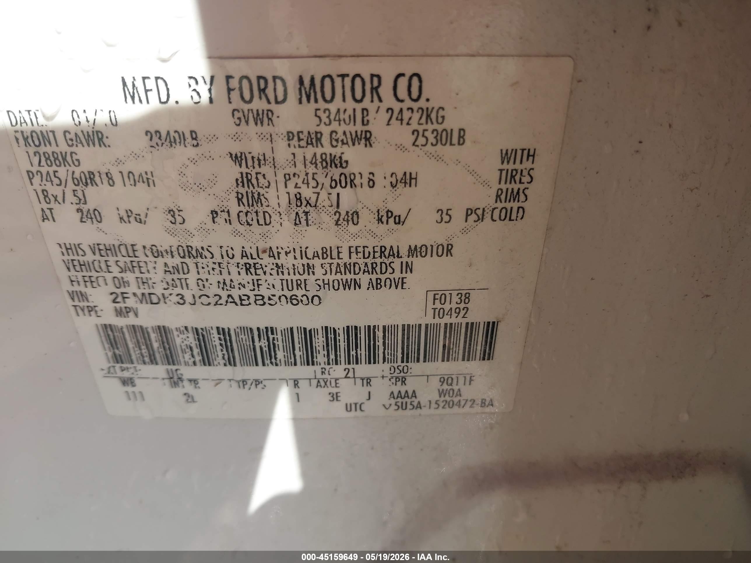 2010 Ford Edge Sel White vin: 2FMDK3JC2ABB50600