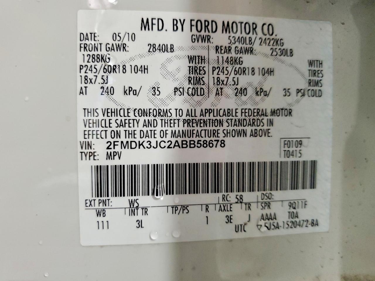 2010 Ford Edge Sel White vin: 2FMDK3JC2ABB58678