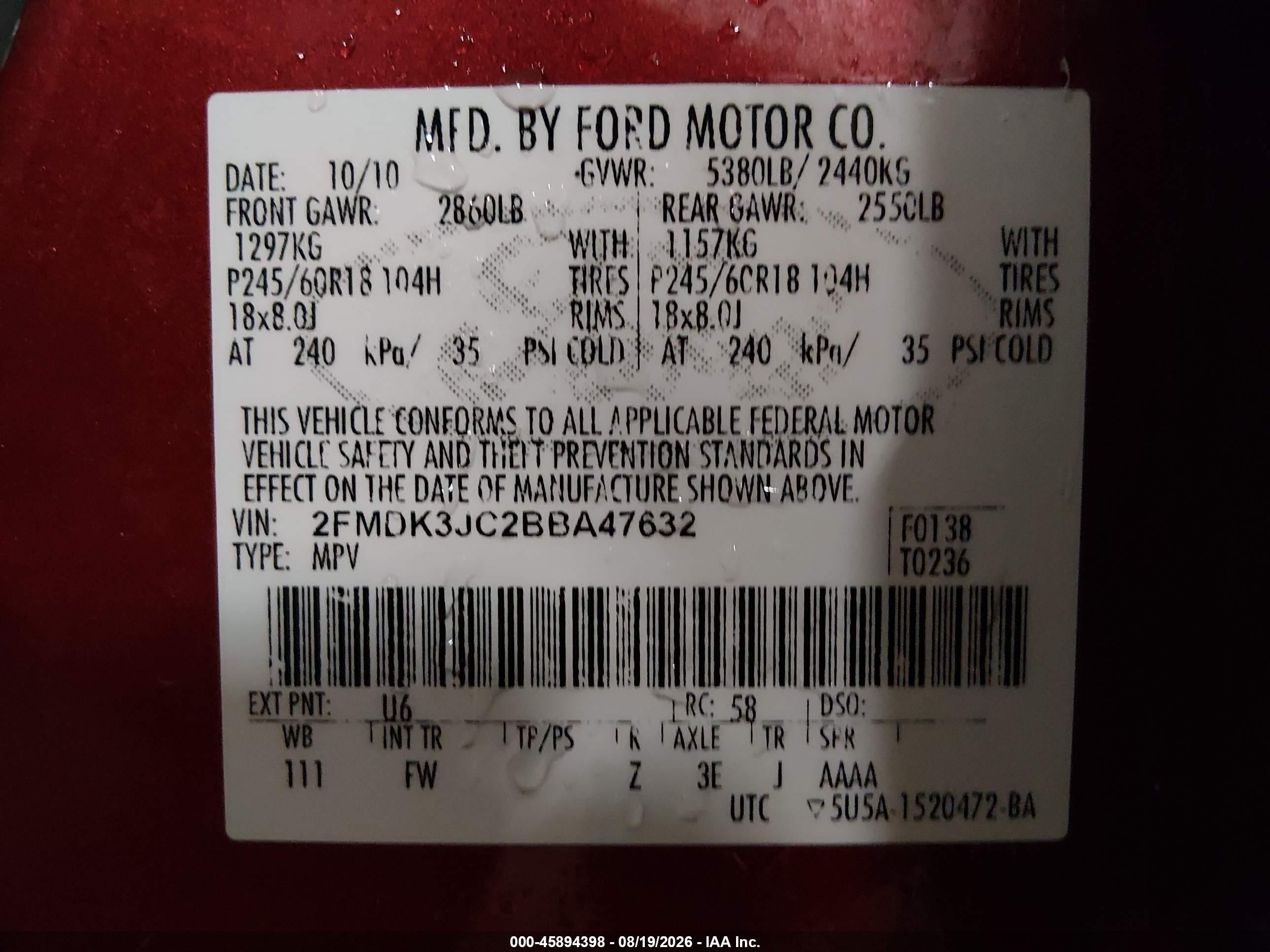 2011 Ford Edge Sel Red vin: 2FMDK3JC2BBA47632