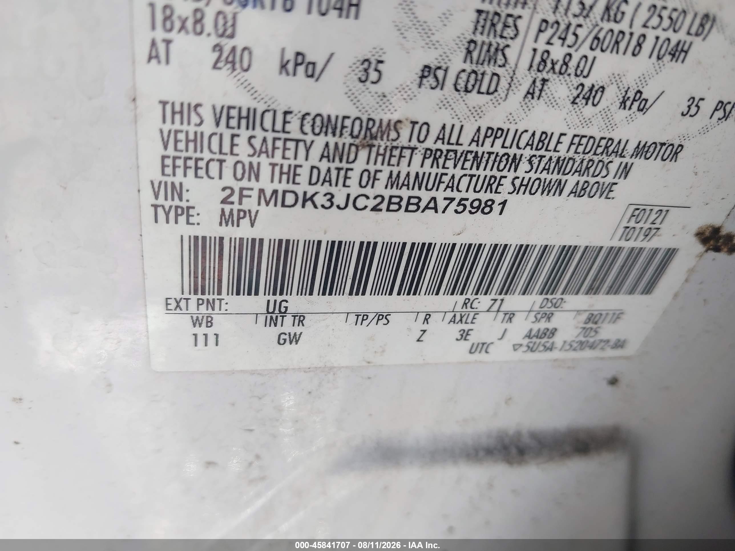 2011 Ford Edge Sel White vin: 2FMDK3JC2BBA75981