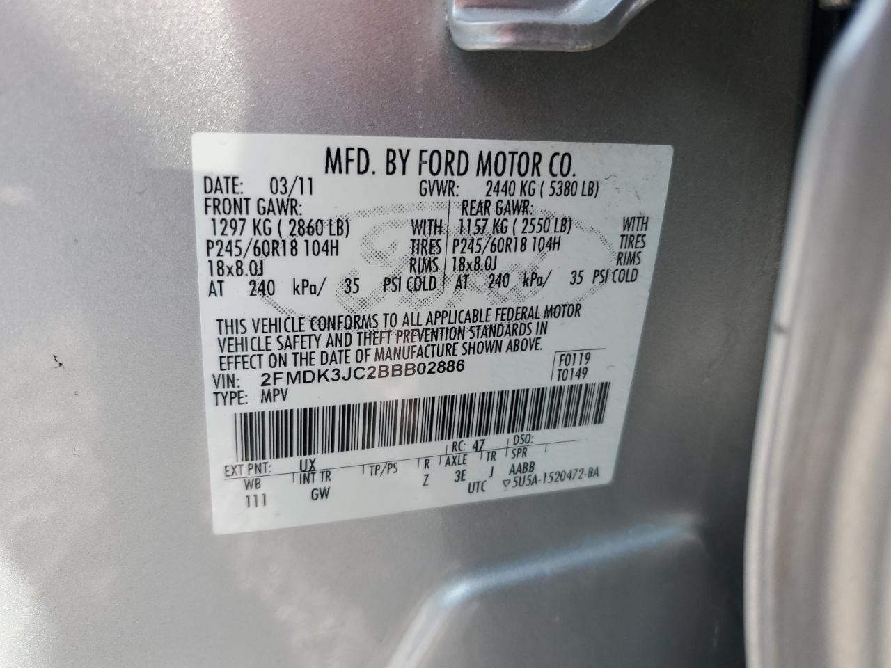 2011 Ford Edge Sel Серебряный vin: 2FMDK3JC2BBB02886