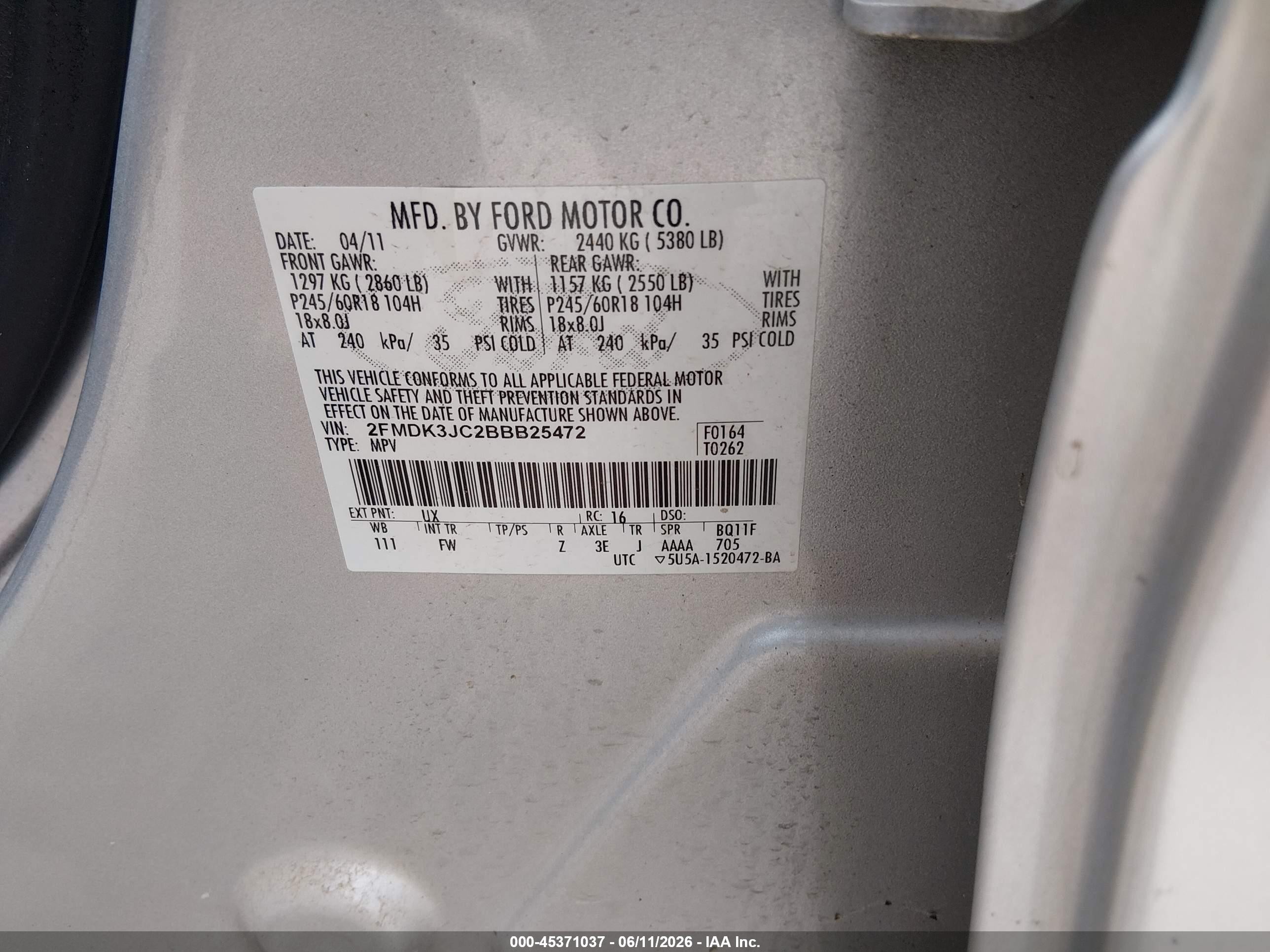 2011 Ford Edge Sel Silver vin: 2FMDK3JC2BBB25472
