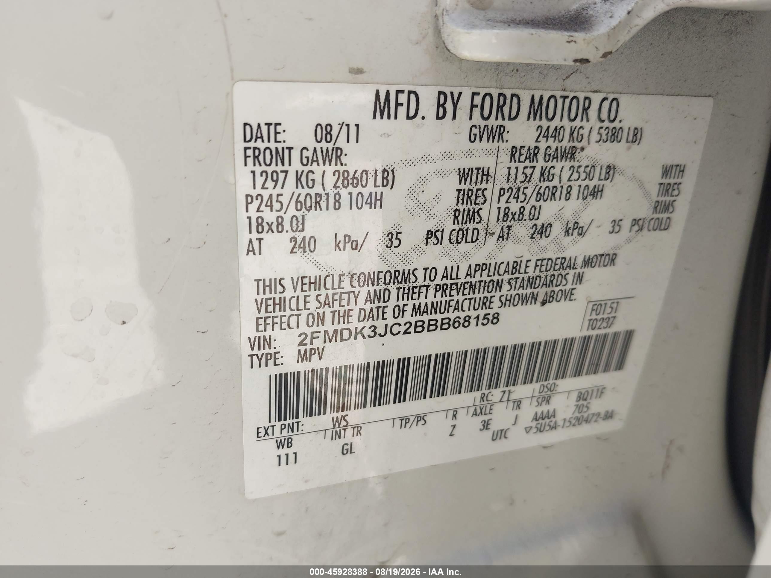 2011 Ford Edge Sel White vin: 2FMDK3JC2BBB68158