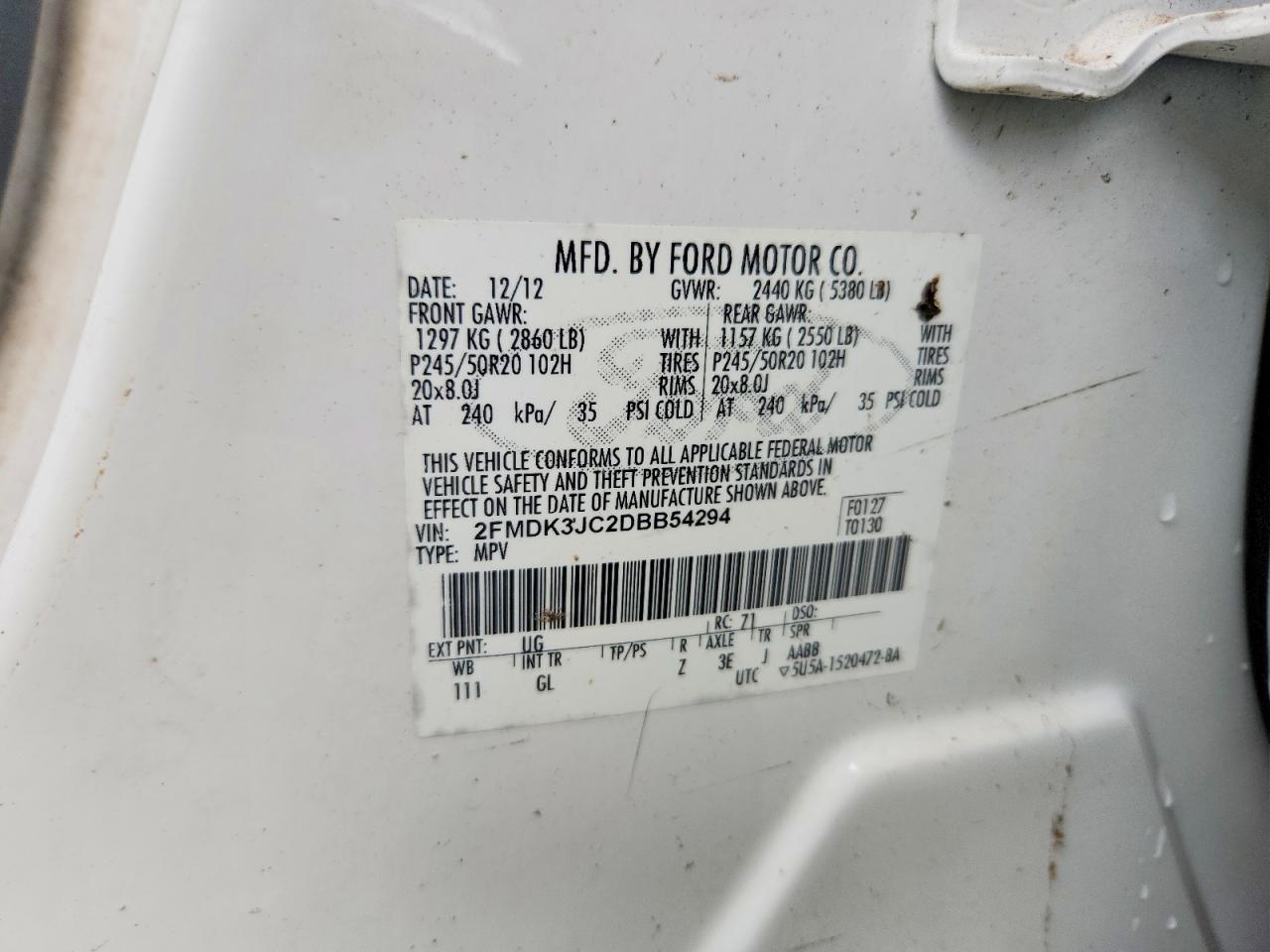 2013 Ford Edge Sel White vin: 2FMDK3JC2DBB54294