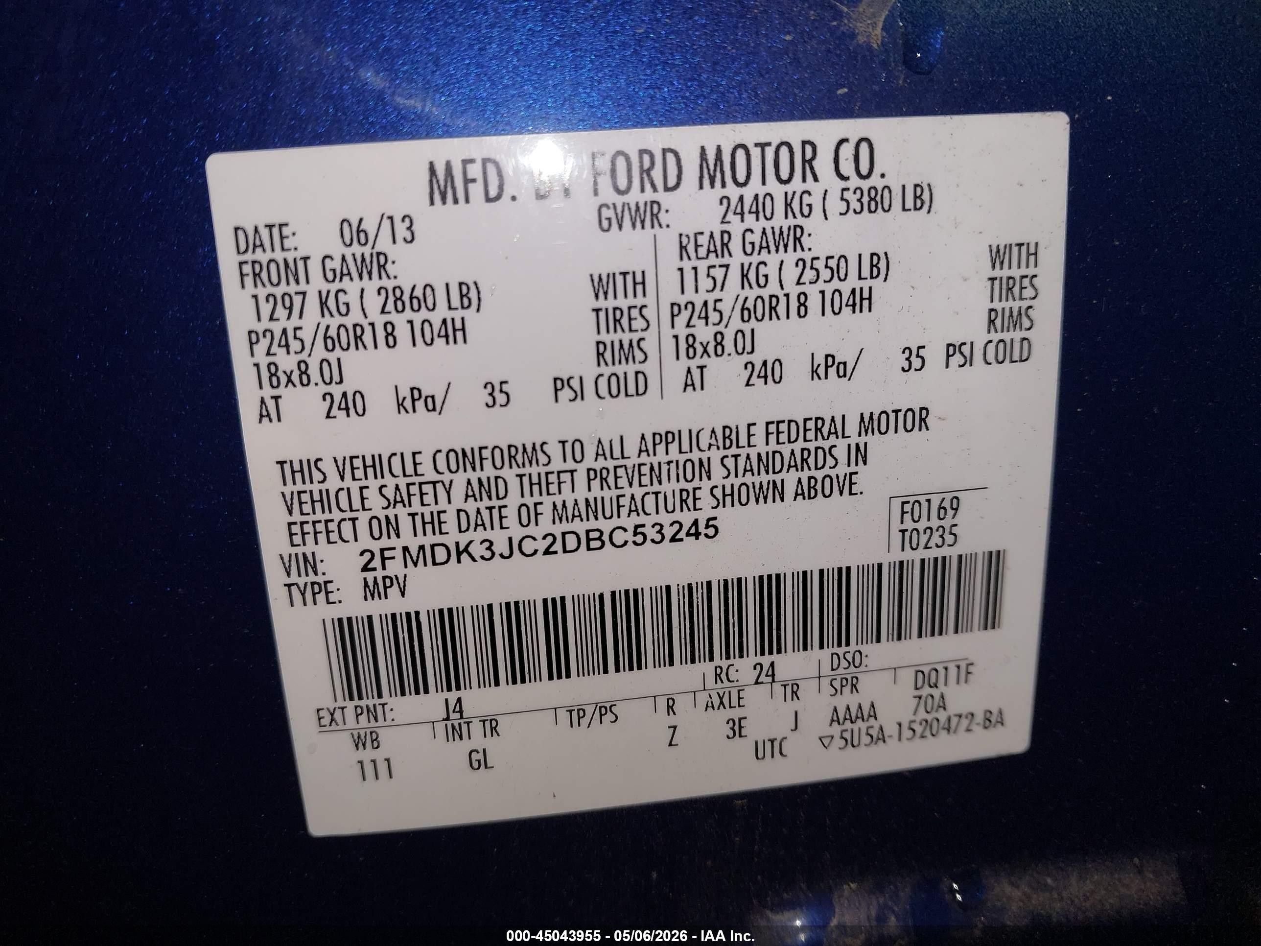 2013 Ford Edge Sel Синий vin: 2FMDK3JC2DBC53245