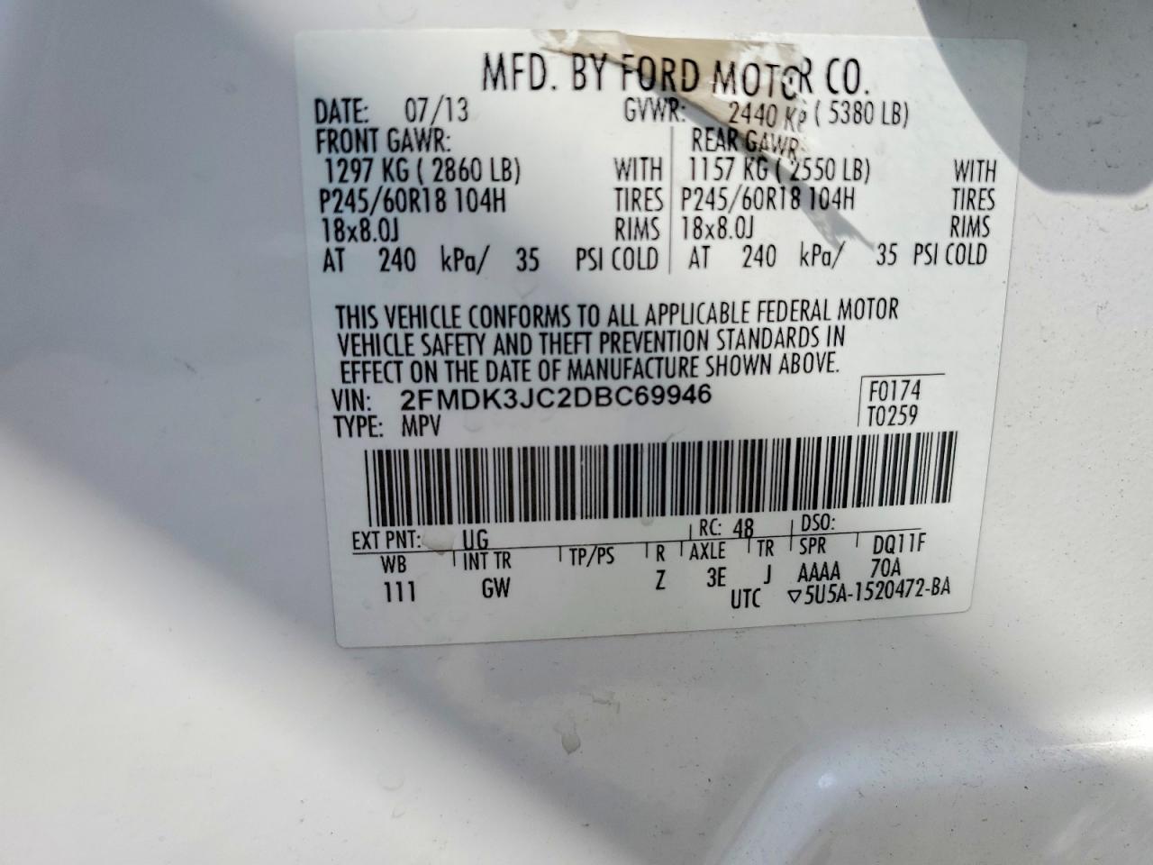 2013 Ford Edge Sel White vin: 2FMDK3JC2DBC69946