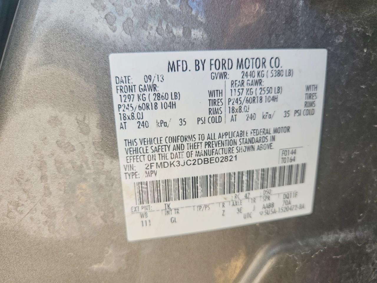 2013 Ford Edge Sel Tan vin: 2FMDK3JC2DBE02821