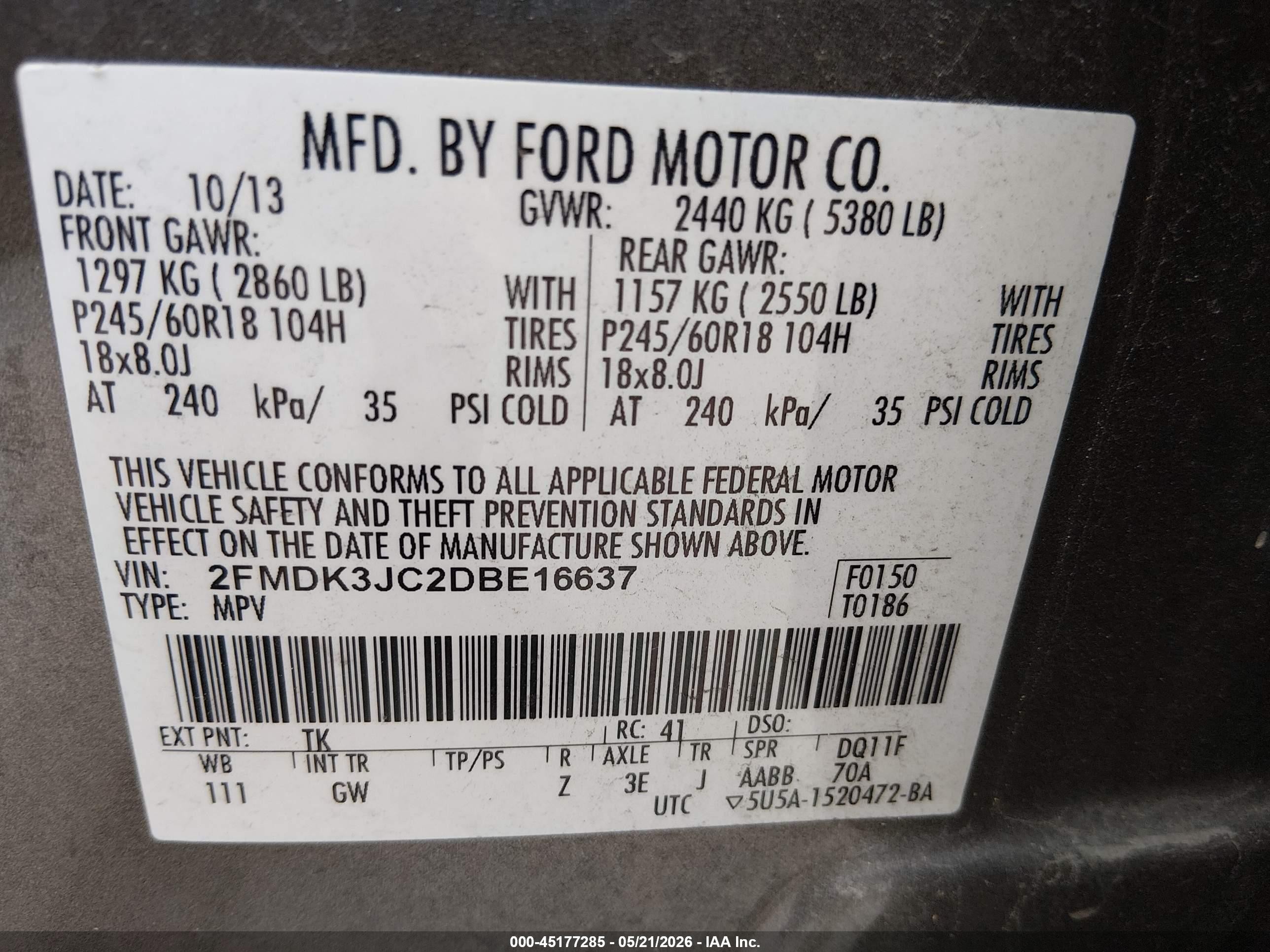 2013 Ford Edge Sel Champagne vin: 2FMDK3JC2DBE16637