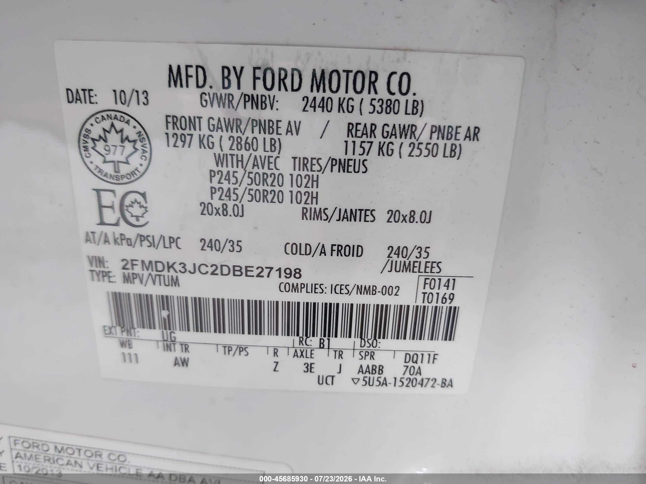 2013 Ford Edge Sel White vin: 2FMDK3JC2DBE27198
