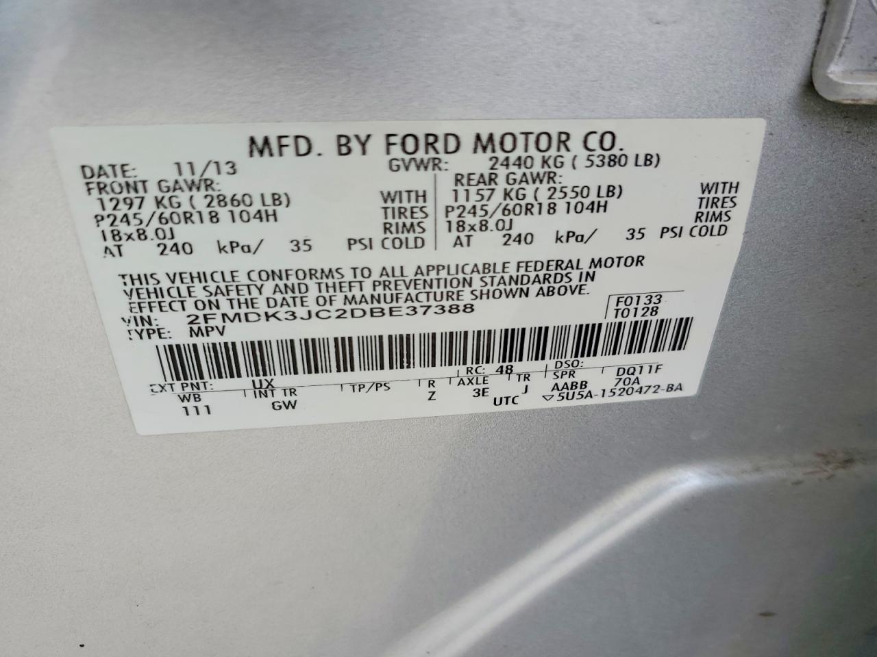 2013 Ford Edge Sel Silver vin: 2FMDK3JC2DBE37388