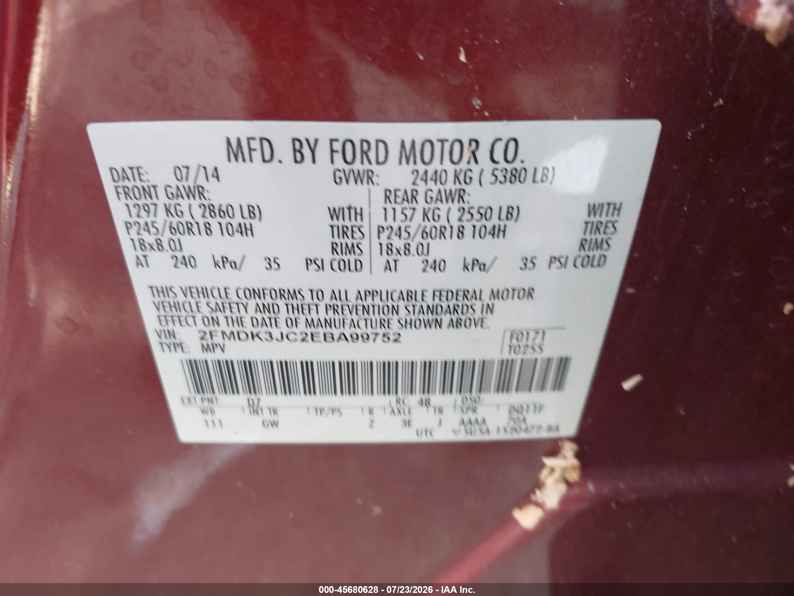 2014 Ford Edge Sel Orange vin: 2FMDK3JC2EBA99752