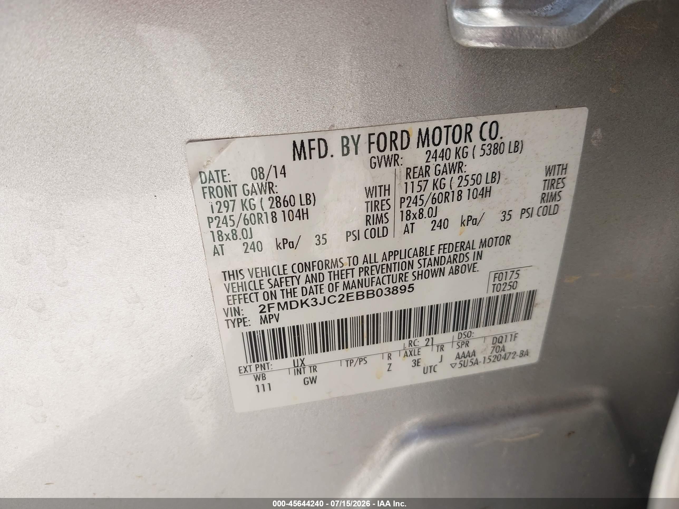 2014 Ford Edge Sel Серебряный vin: 2FMDK3JC2EBB03895