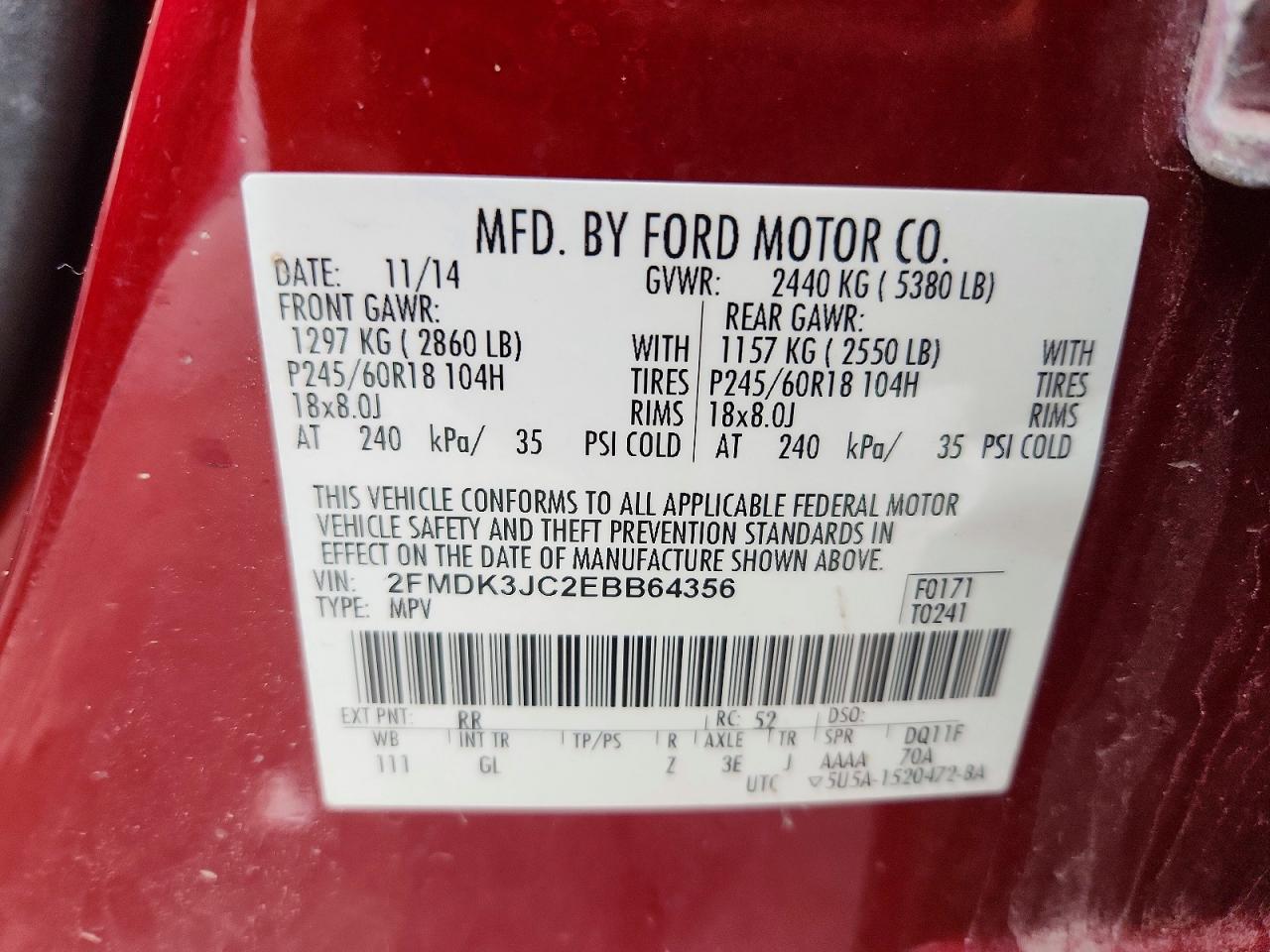 2014 Ford Edge Sel Red vin: 2FMDK3JC2EBB64356