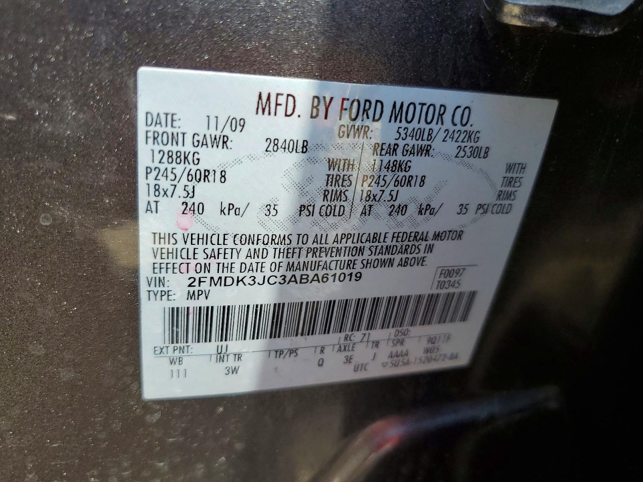 2010 Ford Edge Sel Gray vin: 2FMDK3JC3ABA61019