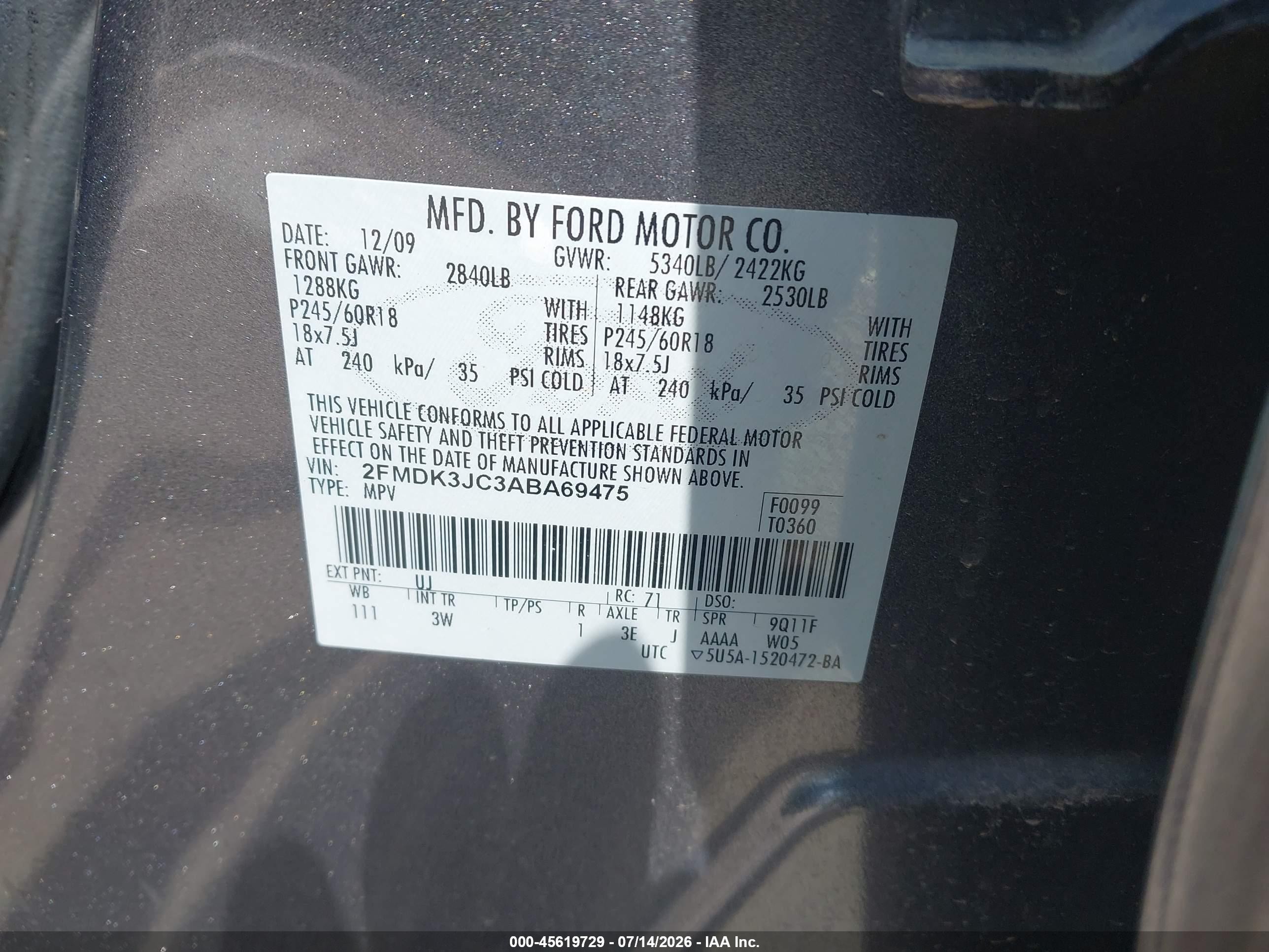 2010 Ford Edge Sel Gray vin: 2FMDK3JC3ABA69475